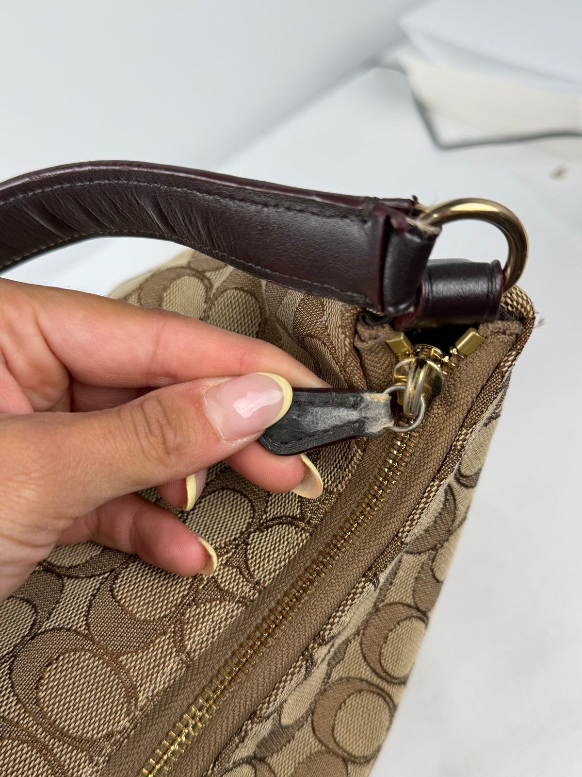 Coach F29959 Signature Brown Monogram Shoulder Bag Brown Leather Trim