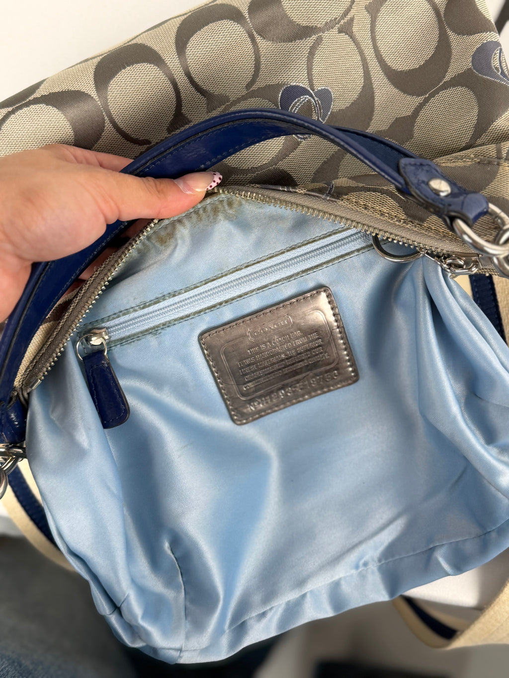 Coach F18756 Poppy Beige Monogram Blue Leather Trim Shoulder Bag