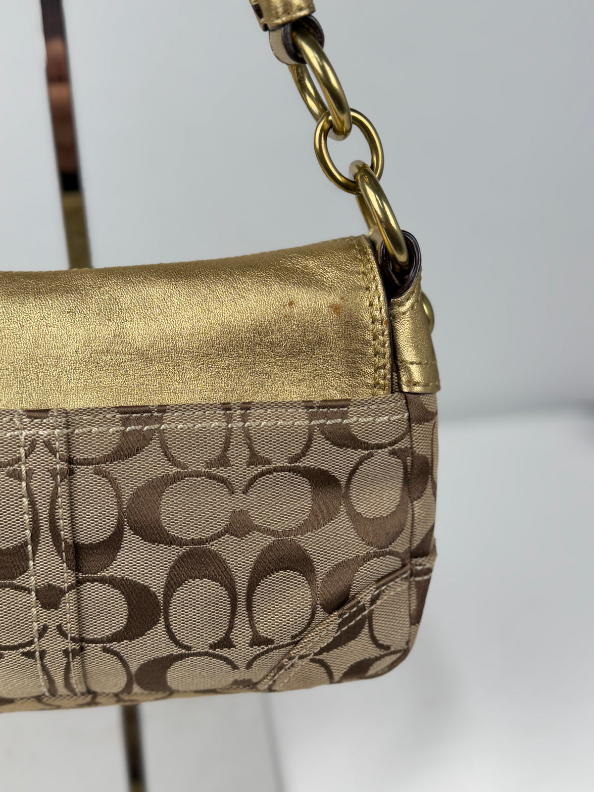Coach 12375 Bleecker Soho Signature Brown Monogram Shoulder Bag Gold Leather Trim