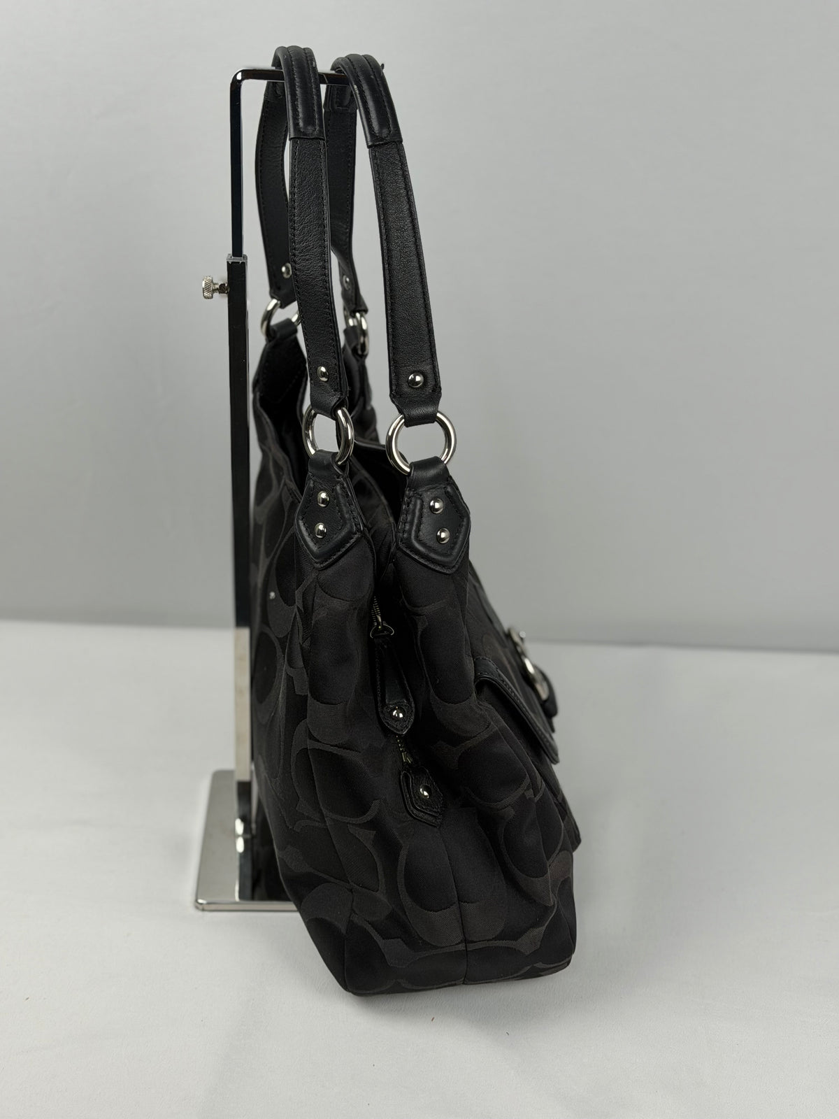Coach F24742 Soho Black Moogram Shoulder Bag Black Leather Trim
