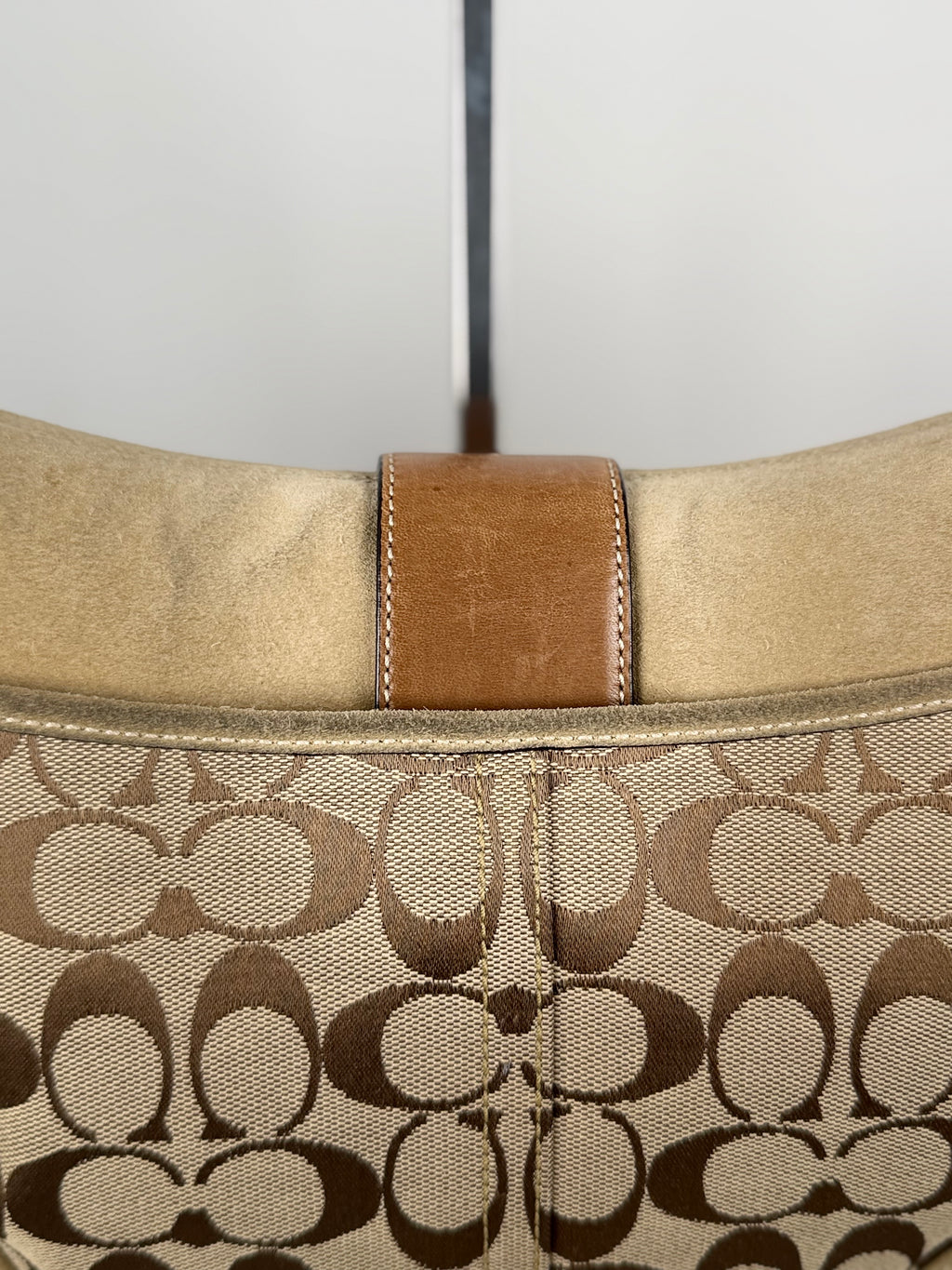 Coach 9373 Rare Soho Studded Hardware Signature Brown Monogram Shoulder Bag Suede Leather Trim