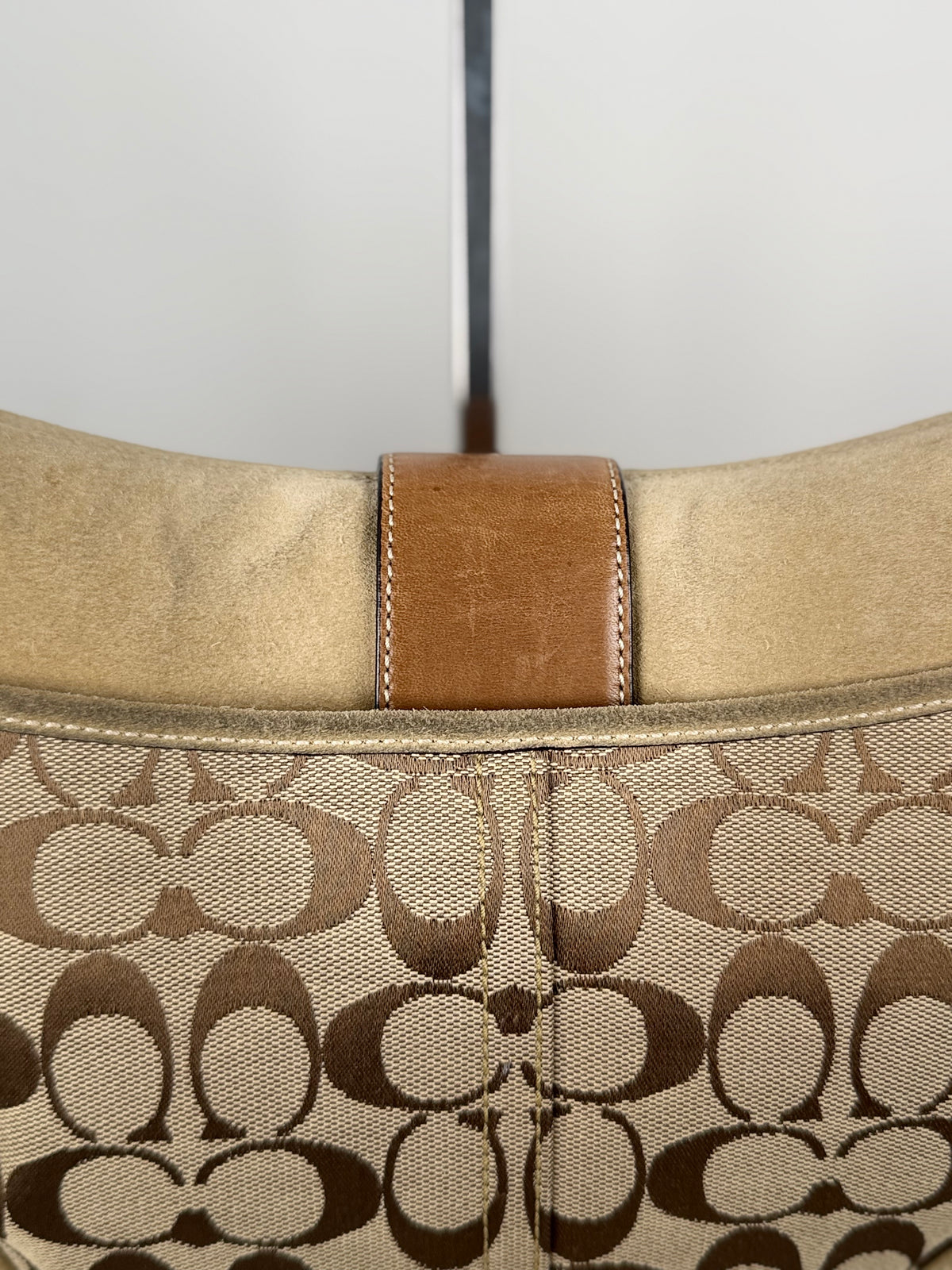 Coach 9373 Rare Soho Studded Hardware Signature Brown Monogram Shoulder Bag Suede Leather Trim