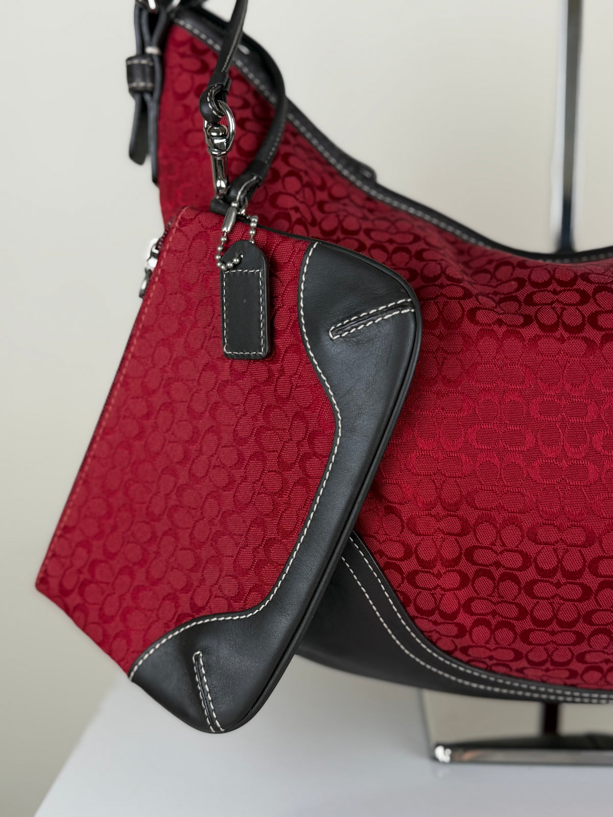 Coach 6385 Rare Hobo Red Signature Monogram Shoulder Bag with matching wristlet Brown Leather Trim