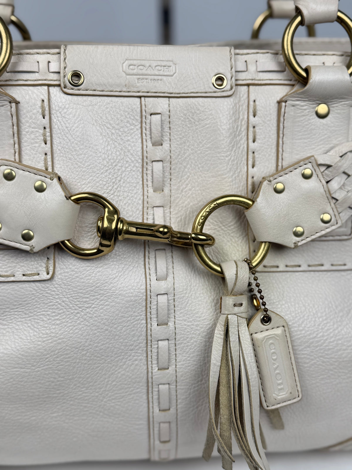 Coach 9290 Hampton Clip White Leather Shoulder Bag Braided Detailing