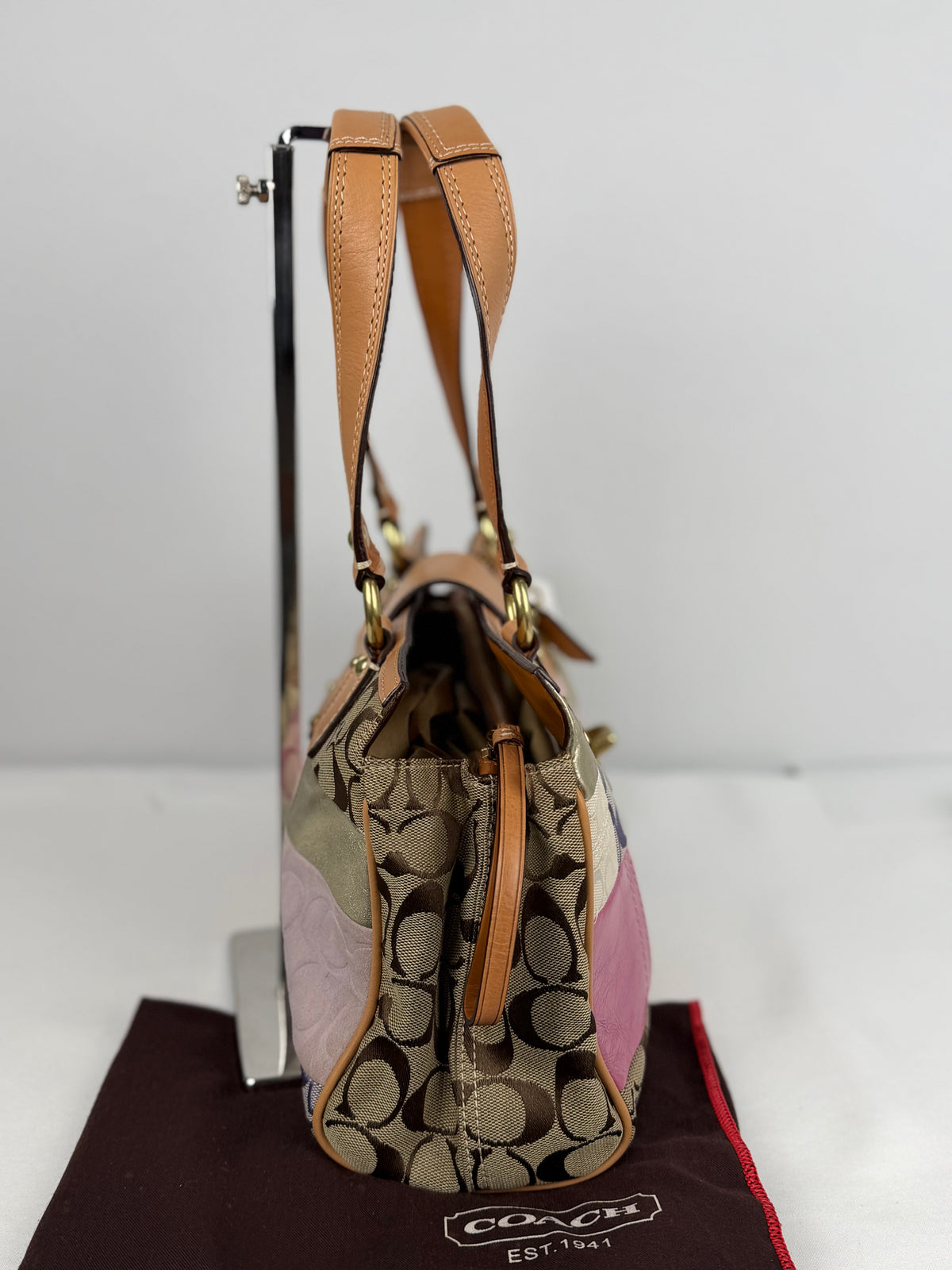 RARE Coach F13335 Patchwork Pink/Purple Turnlock Shoulder Bag Leather Trim NWT