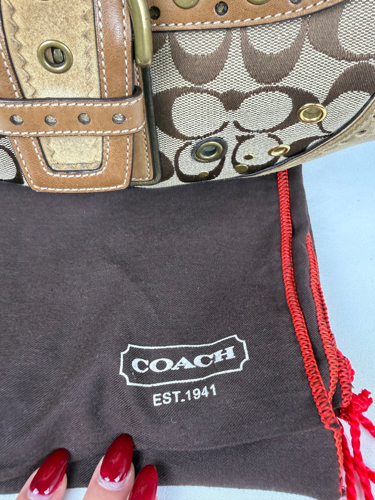 RARE Coach 9451 Soho Signature Brown Shoulder Bag Studded Embellishments Suede Leather Trim