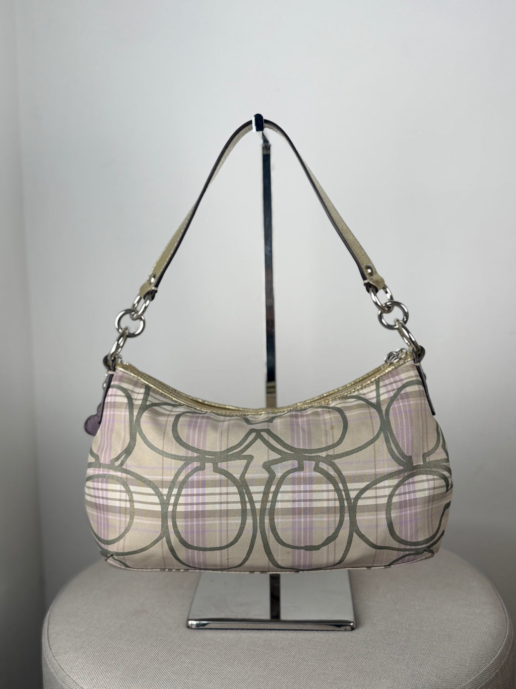 Coach F17120 Purple/Beige Checkered Monogram Shoulder Bag Leather Trim