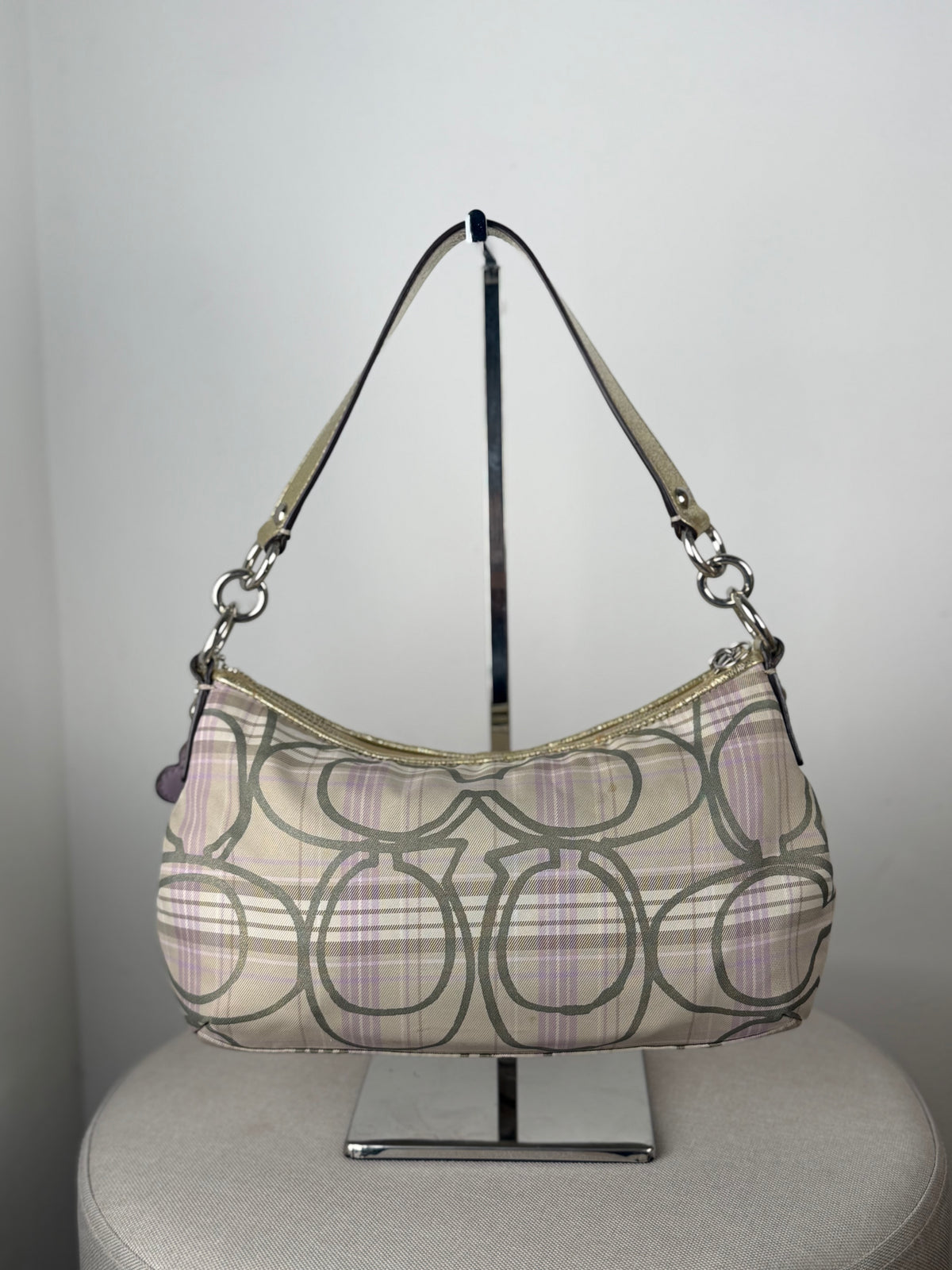 Coach F17120 Purple/Beige Checkered Monogram Shoulder Bag Leather Trim