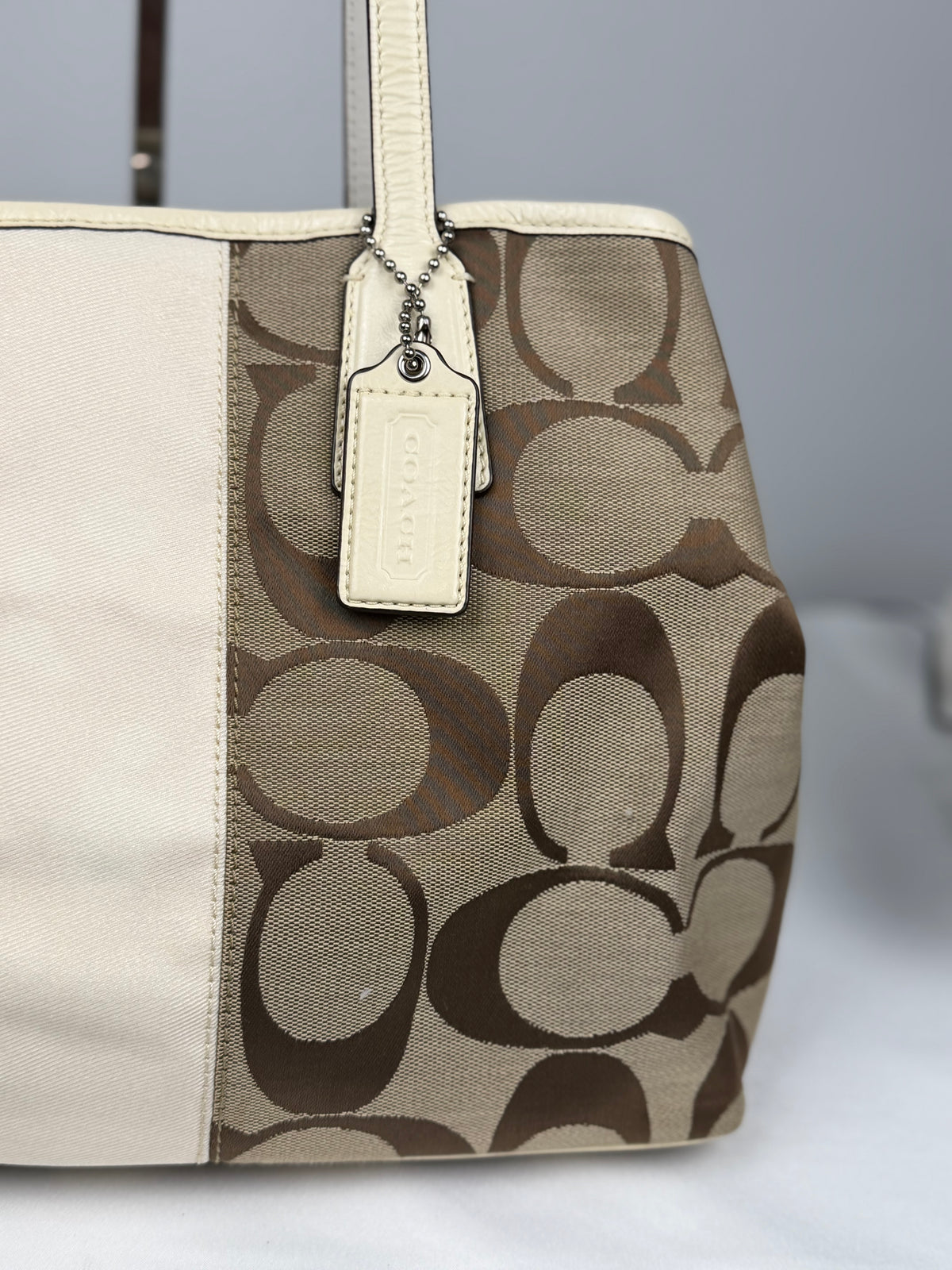 Coach F13533 Signature Brown Monogram Kisslock Shoulder Bag Cream Leather Trim