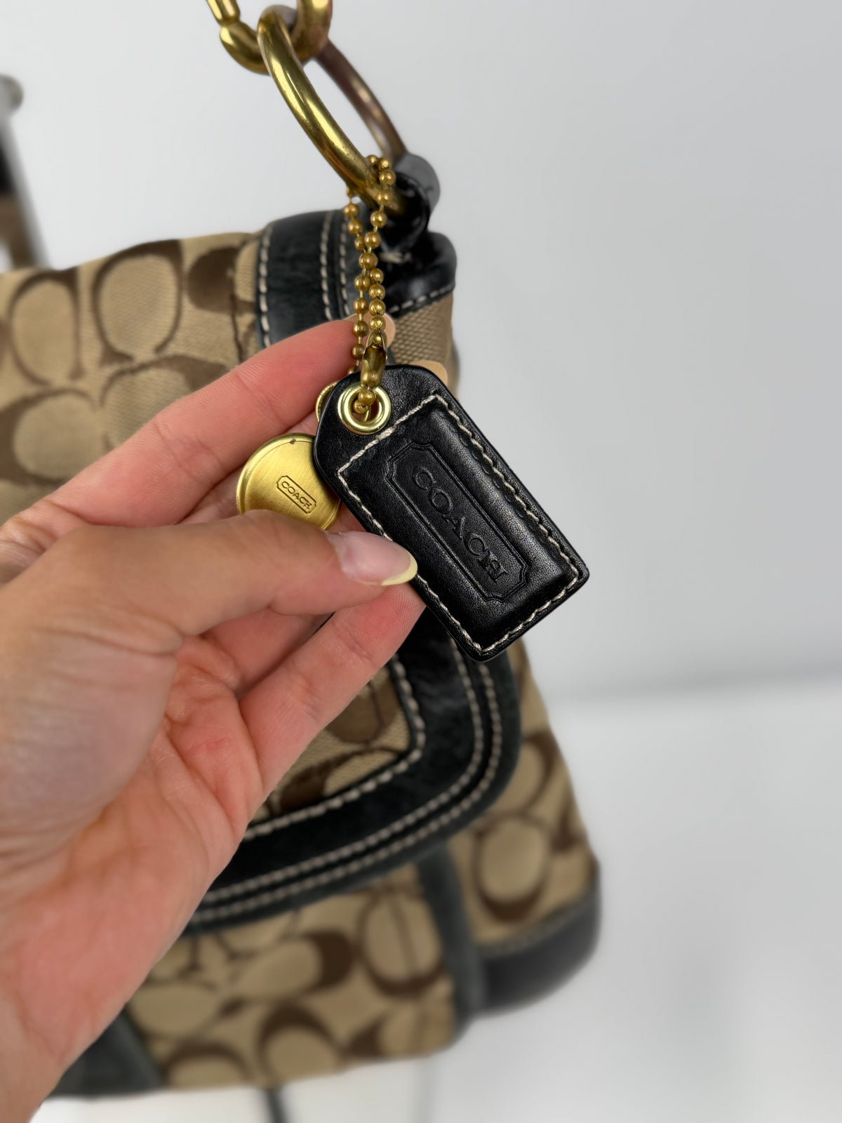 Coach 10338 Ali Legacy Turnlock Flap Signature Brown Monogram Shoulder Bag Black Leather Trim