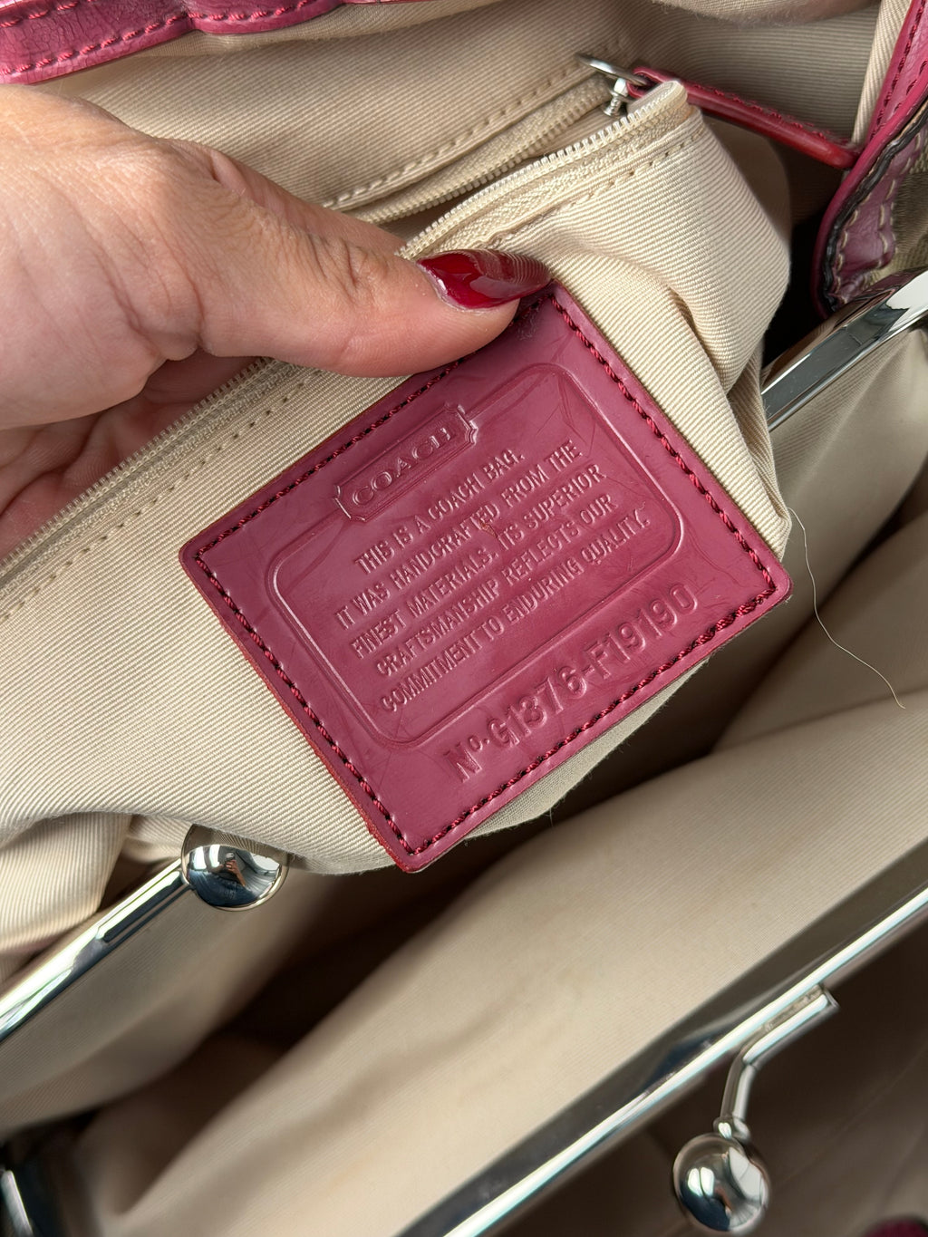 Coach F19190 Kisslock Signature Brown/Red Shoulder Bag Leather Trim
