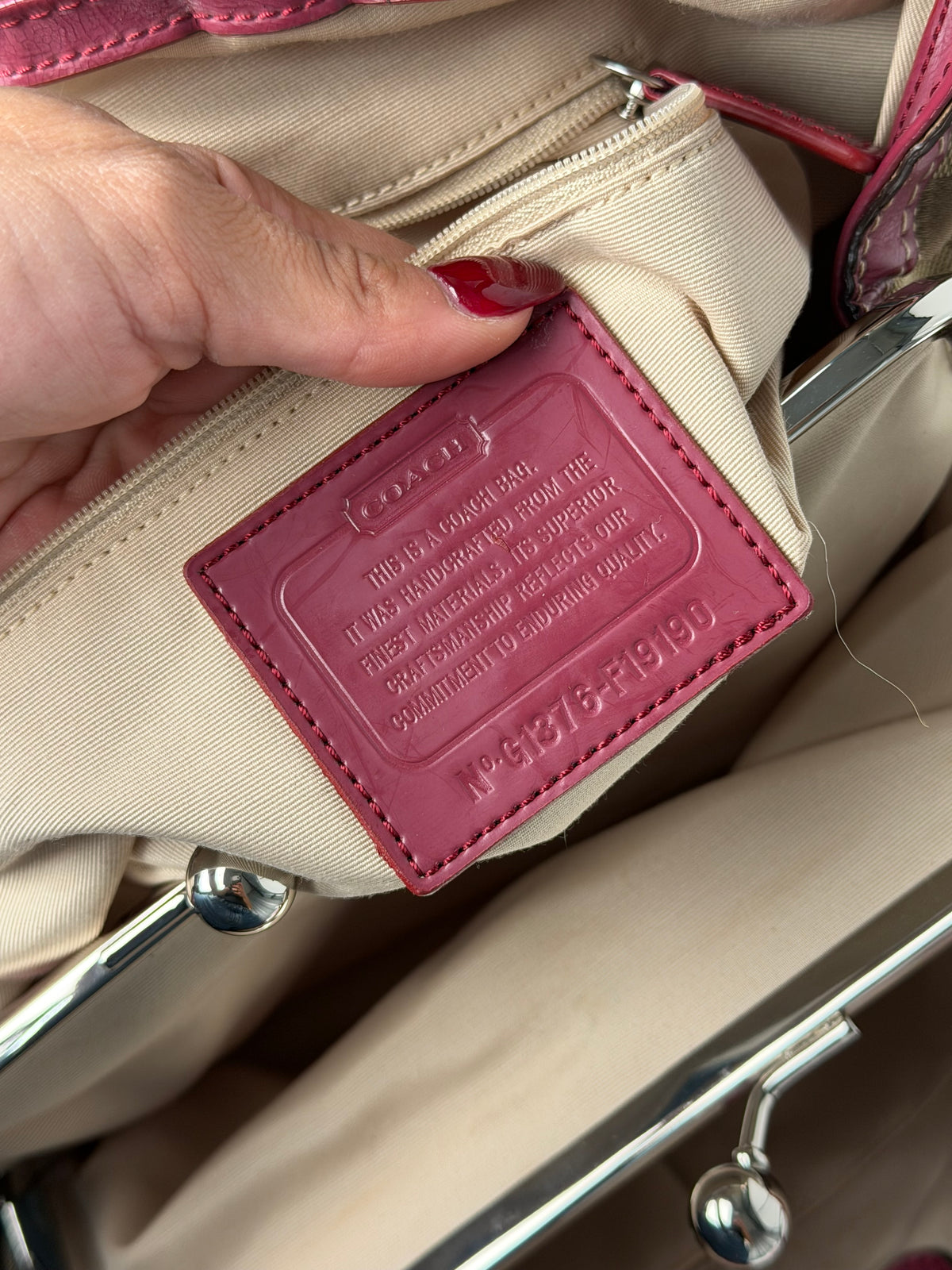 Coach F19190 Kisslock Signature Brown/Red Shoulder Bag Leather Trim