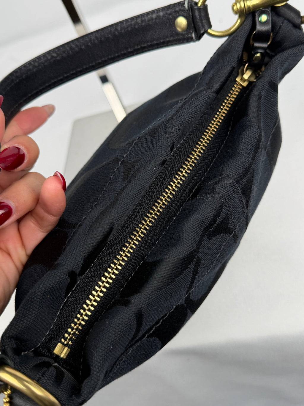 Coach 40347 Carly Mini Signature Black Shoulder Bag Leather Trim