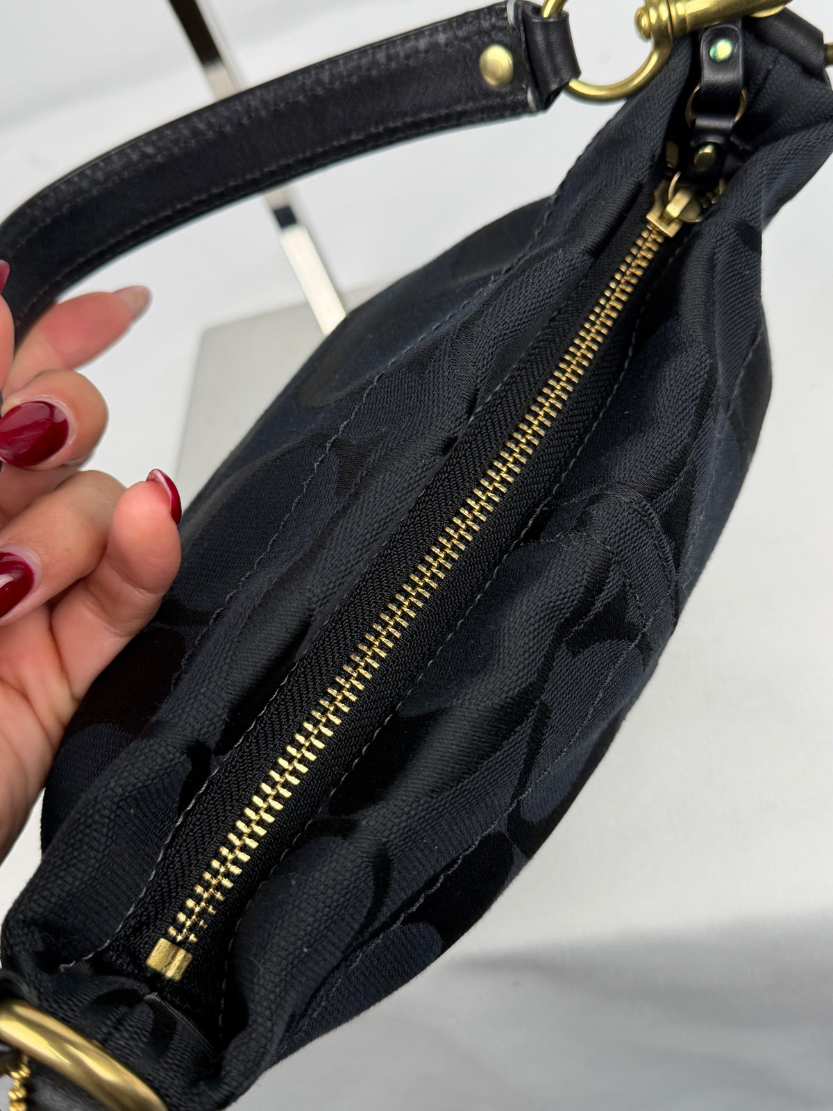 Coach 40347 Carly Mini Signature Black Shoulder Bag Leather Trim
