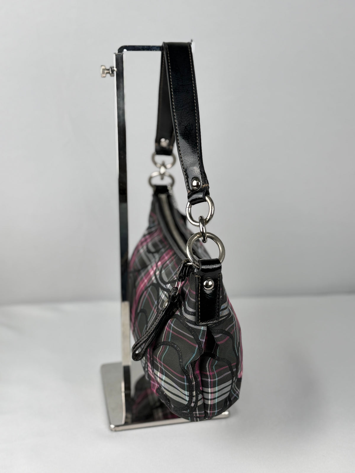Coach F17670 Poppy Tartan Pink and Black Shoulder Bag Leather Trim