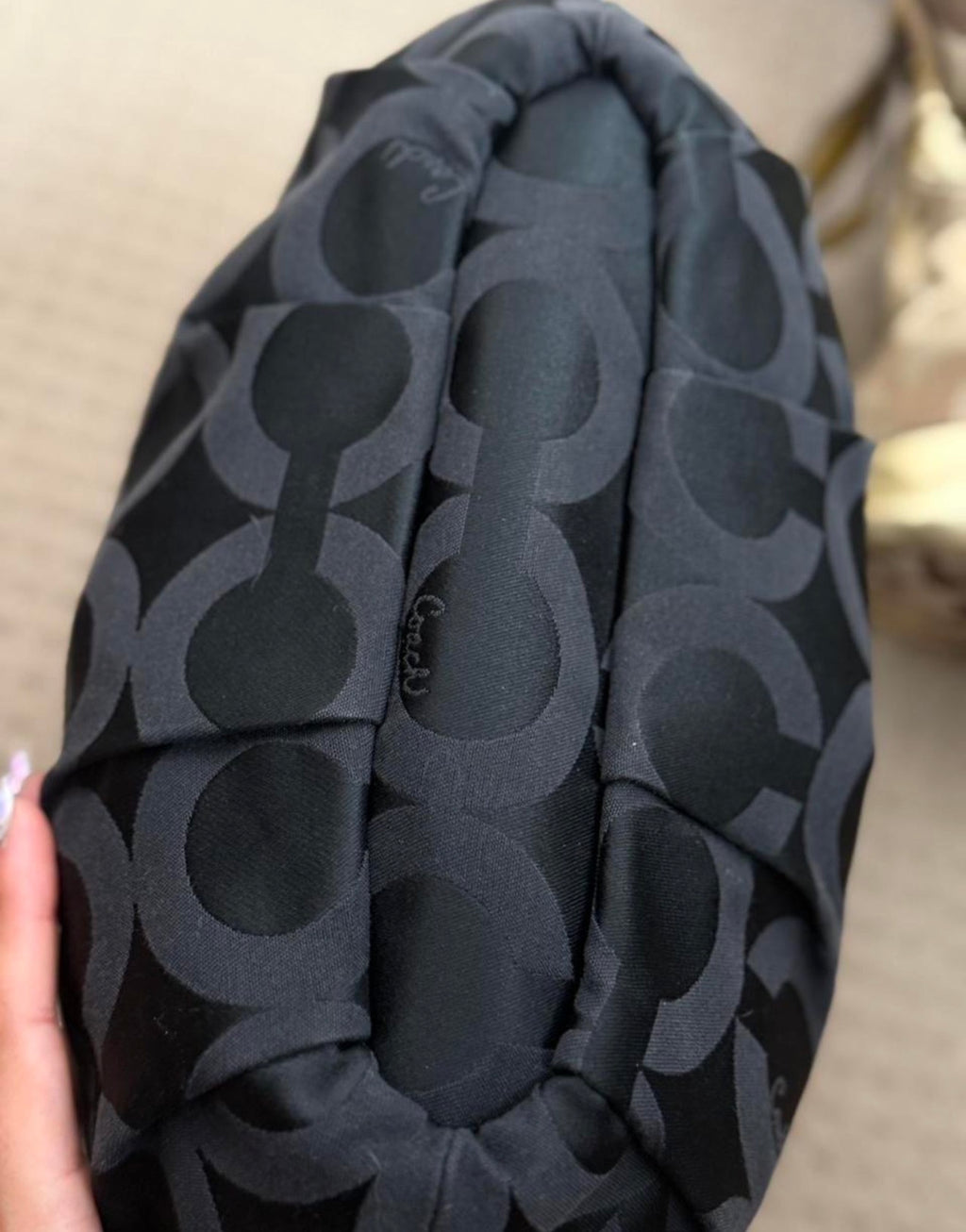 Coach 17694 Signature Black Op Art Monogram Shoulder Bag Leather Trim