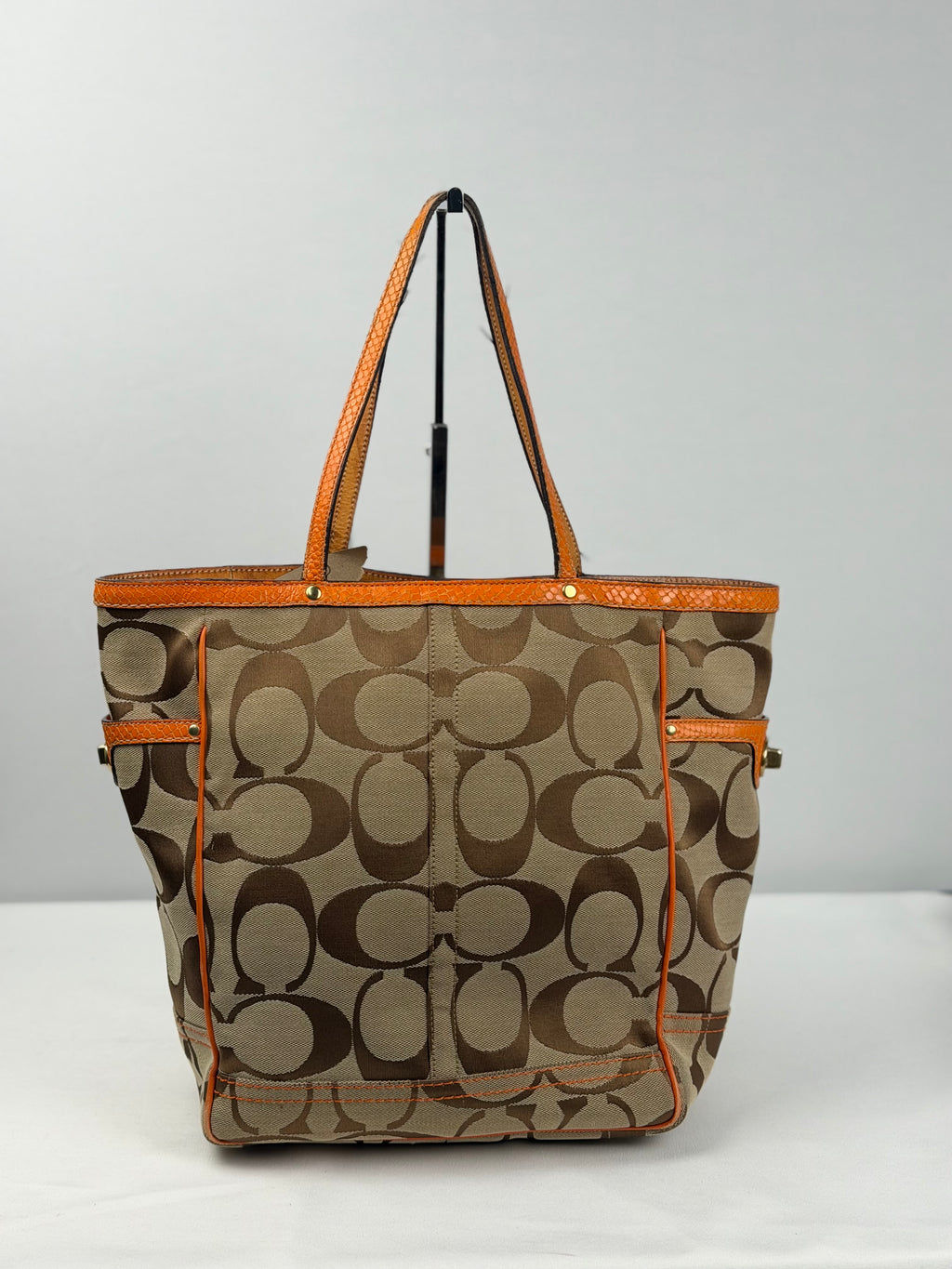 Coach 8626 Signature Brown Monogram Tote Shoulder Bag Orange Leather Trim