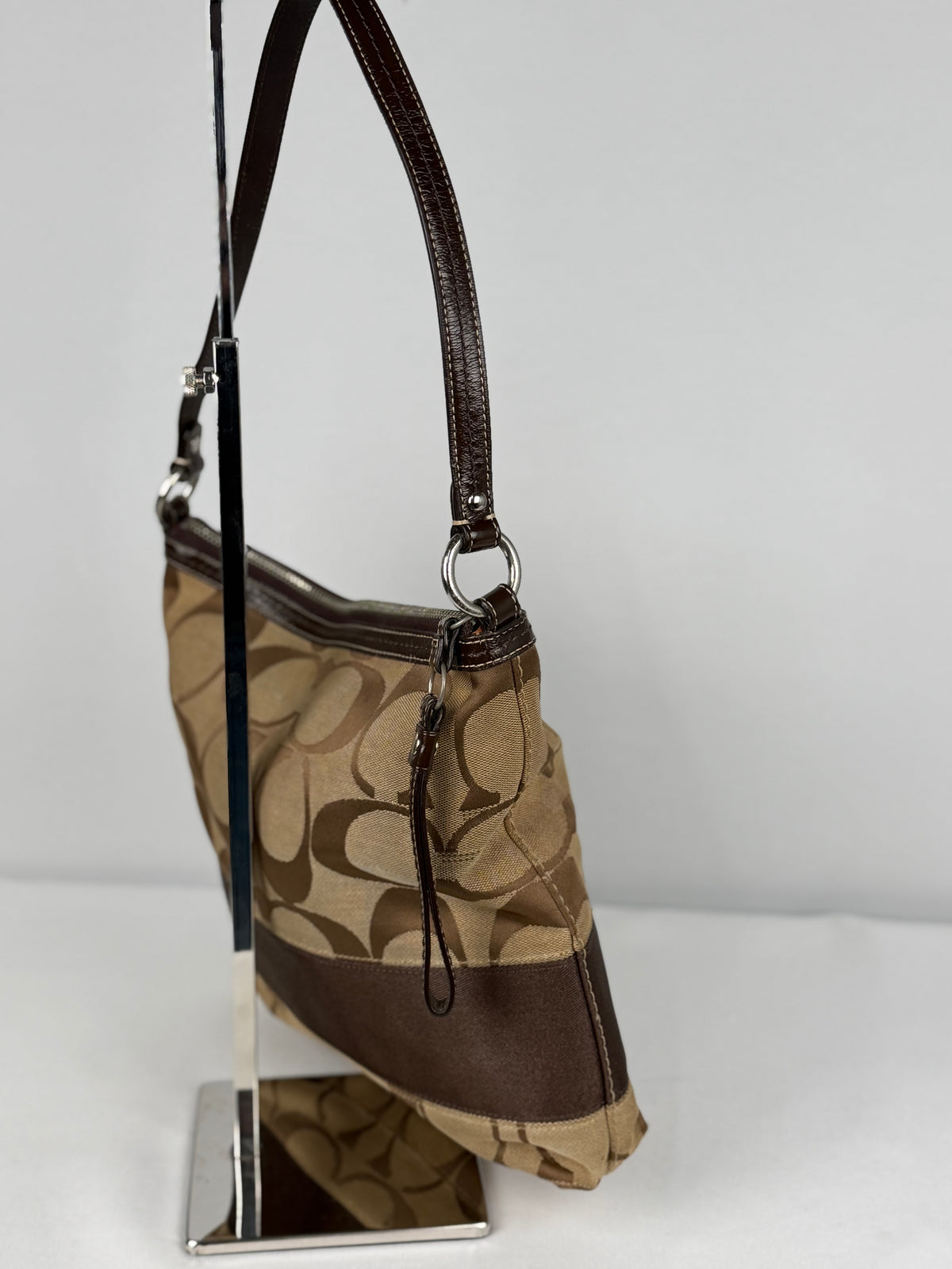 Coach F13674 Signature Brown Monogram Shoulder Bag Leather Trim