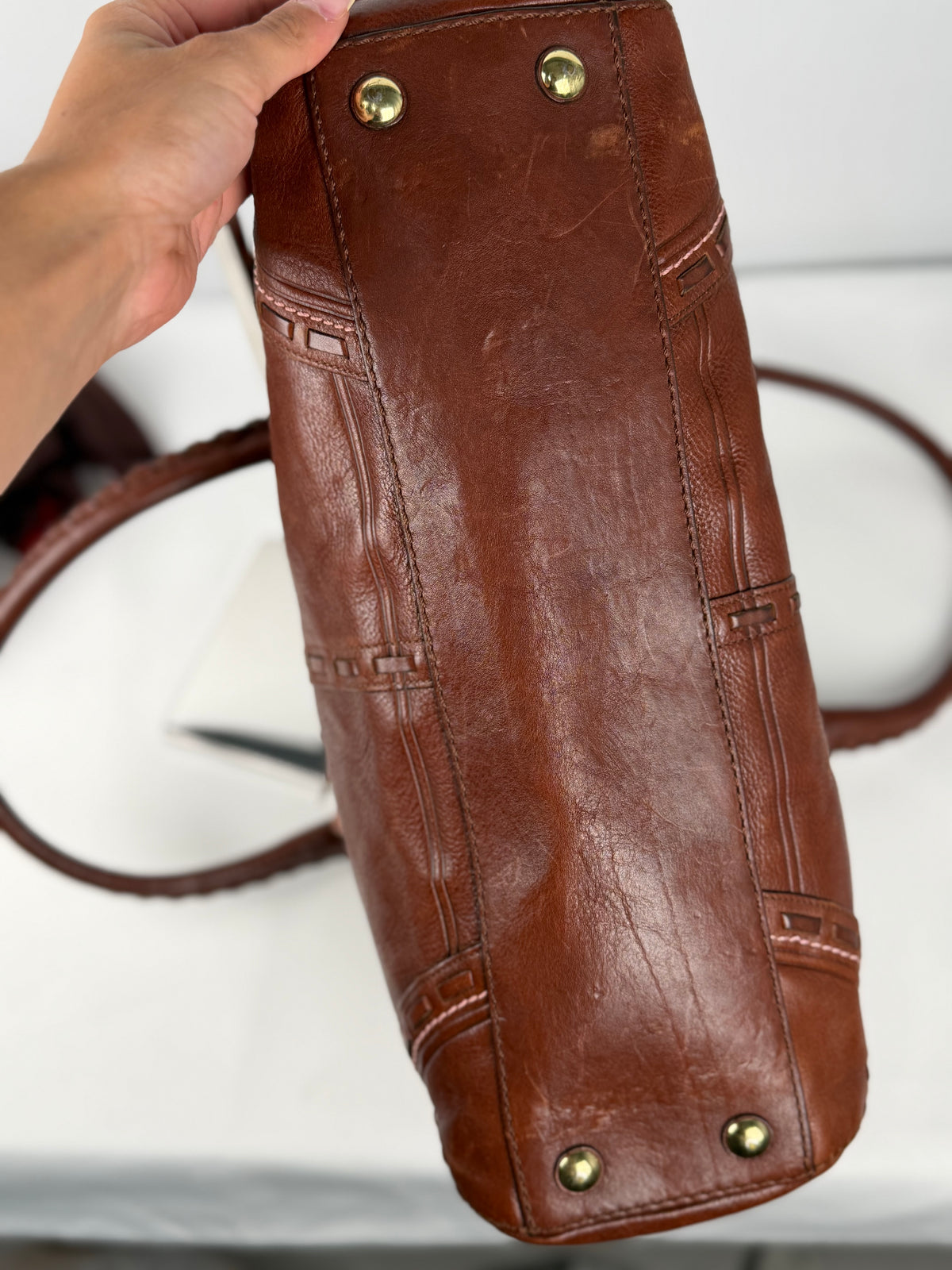 Coach 9290 Rare Hampton Clip Brown Leather Shoulder Bag Braided Detail