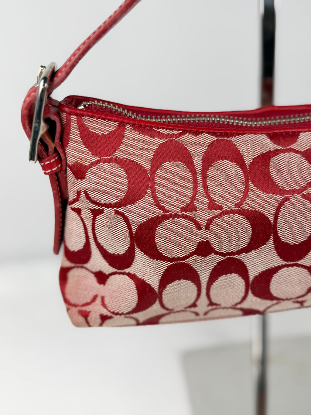 Rare Coach 6371 Signature Red Baguette Shoulder Bag Leather Trim