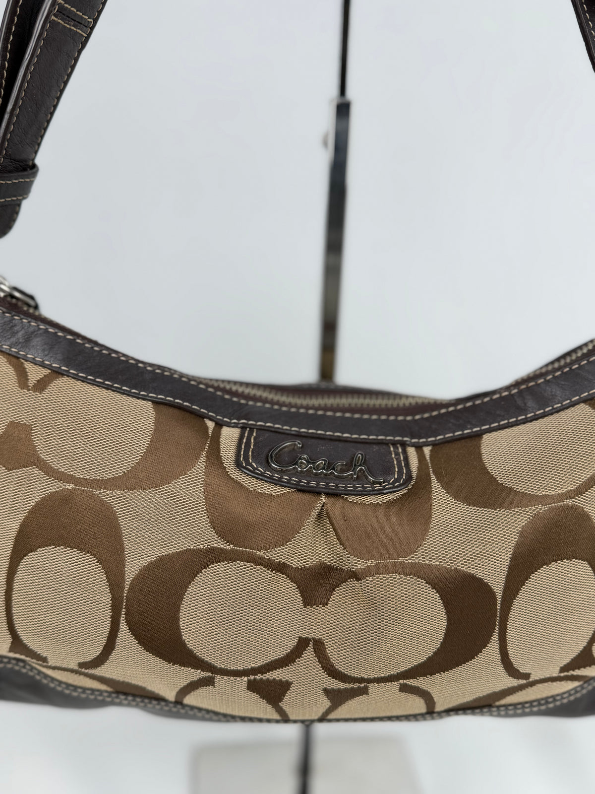 Coach F19731 Signature Brown Shoulder Bag Leather Trim