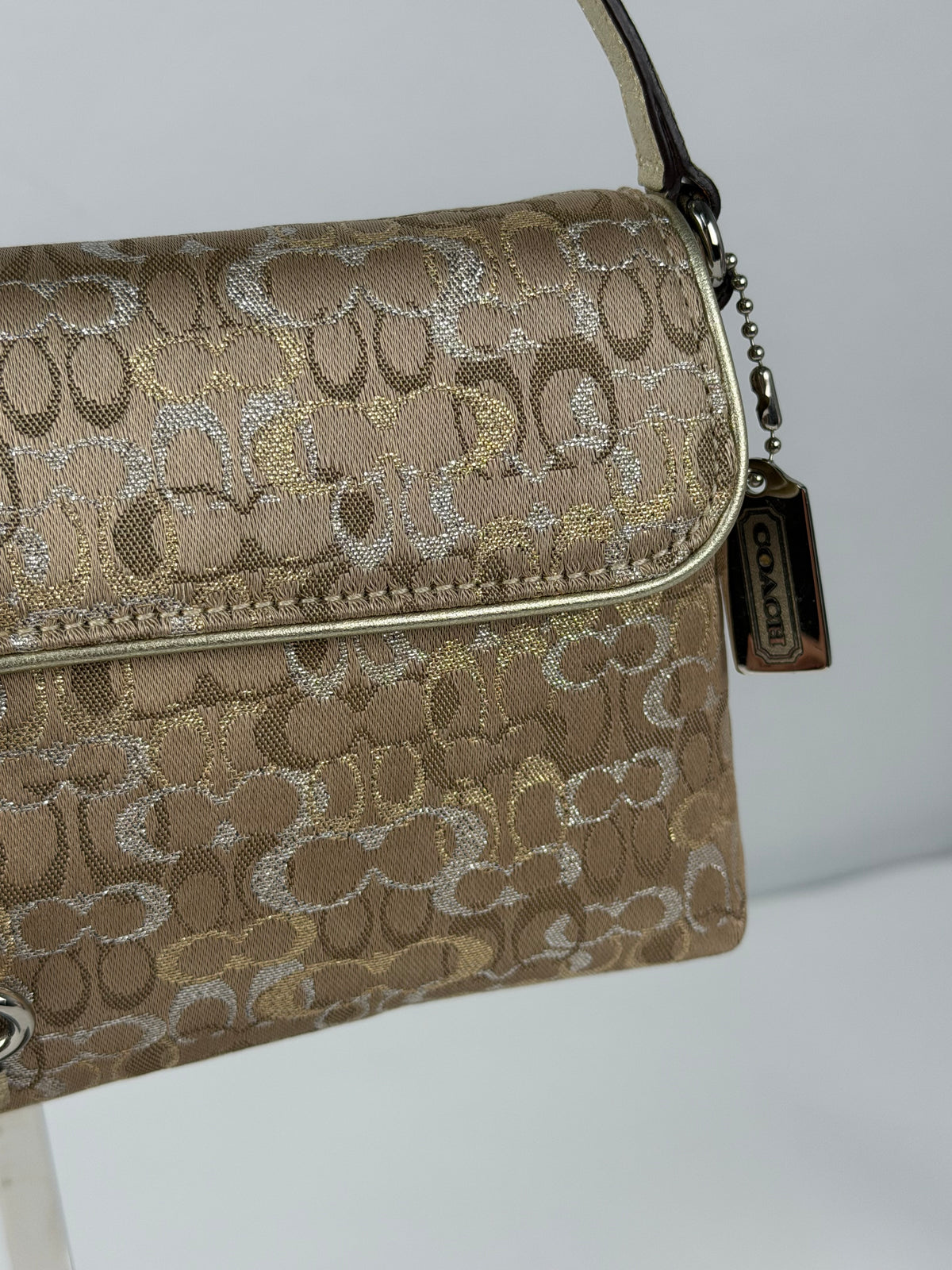 RARE Coach 3595 Demi Clip Brown/Gold Sparkly Monogram Shoulder Bag Leather Trim