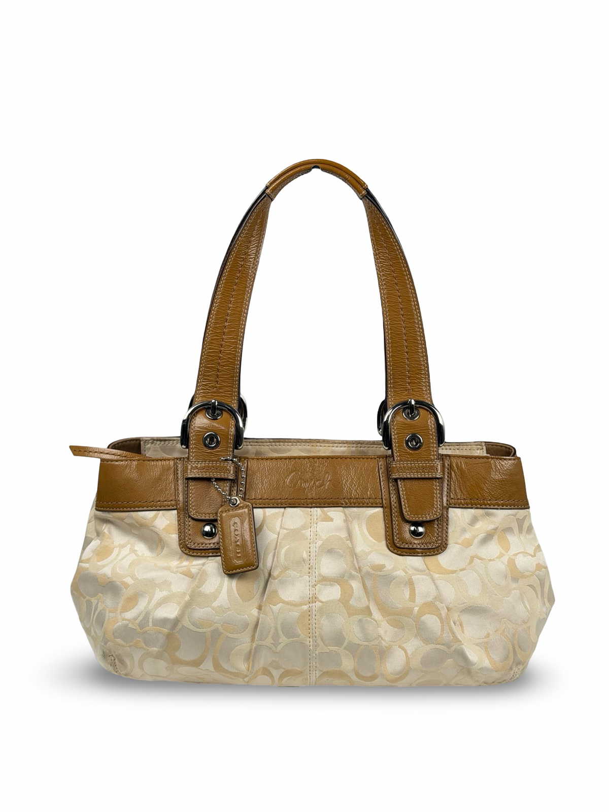 Coach F14492 Signature Cream/Beige/White Monogram Shoulder Bag Brown Leather Trim