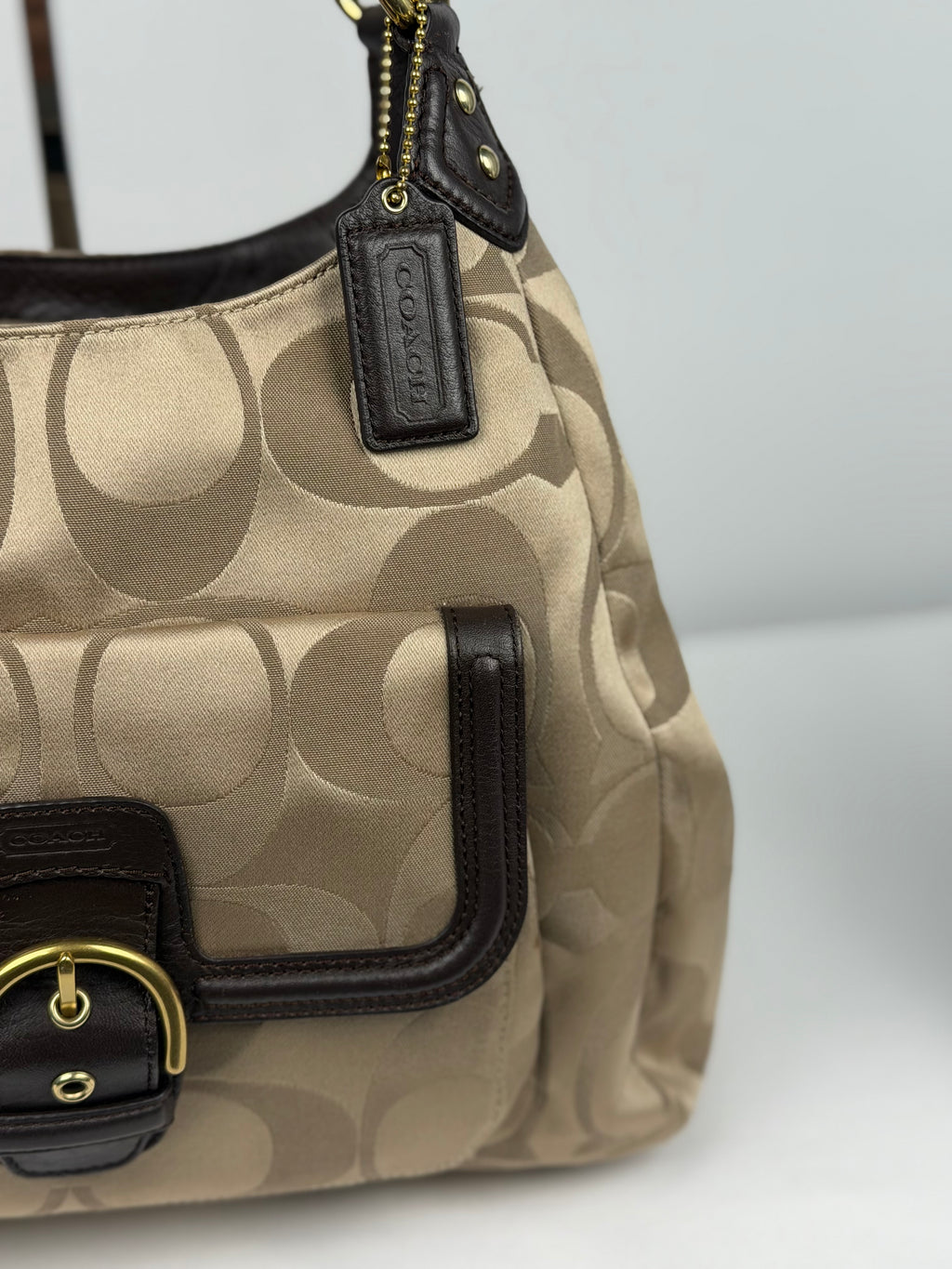 Coach F24742 Soho Beige Monogram Shoulder Bag Brown Leather Trim