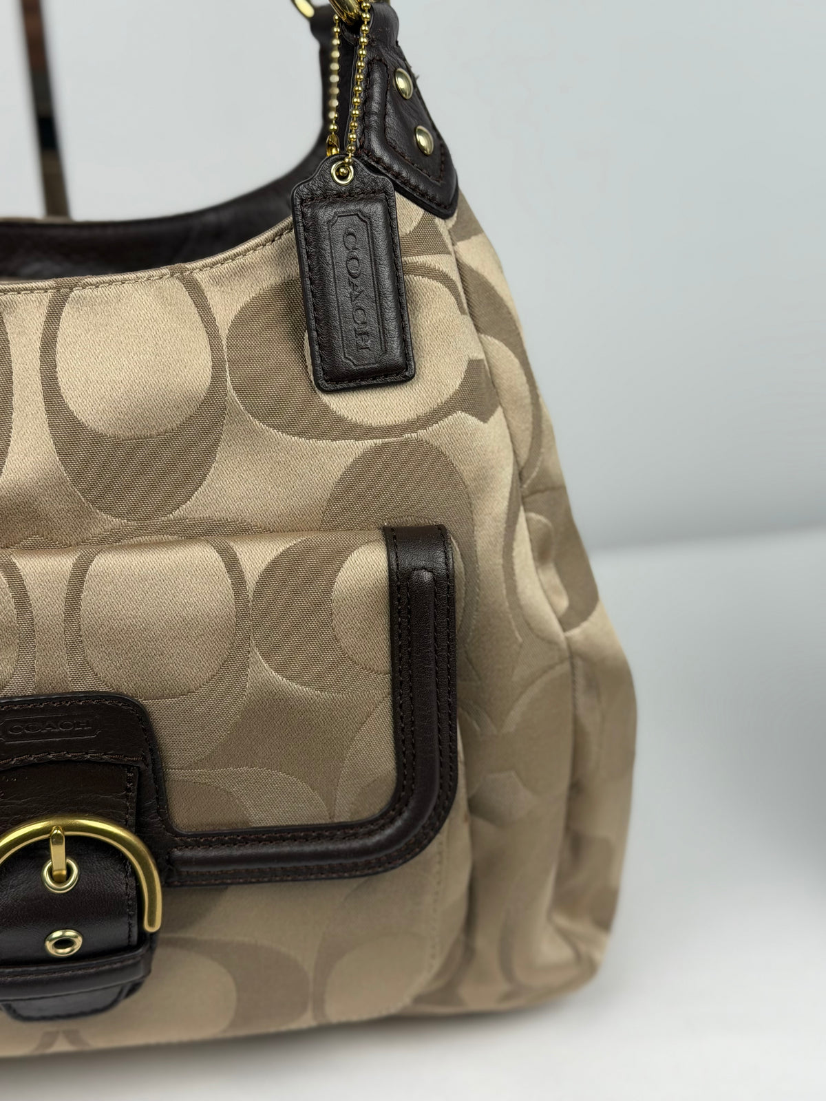Coach F24742 Soho Beige Monogram Shoulder Bag Brown Leather Trim