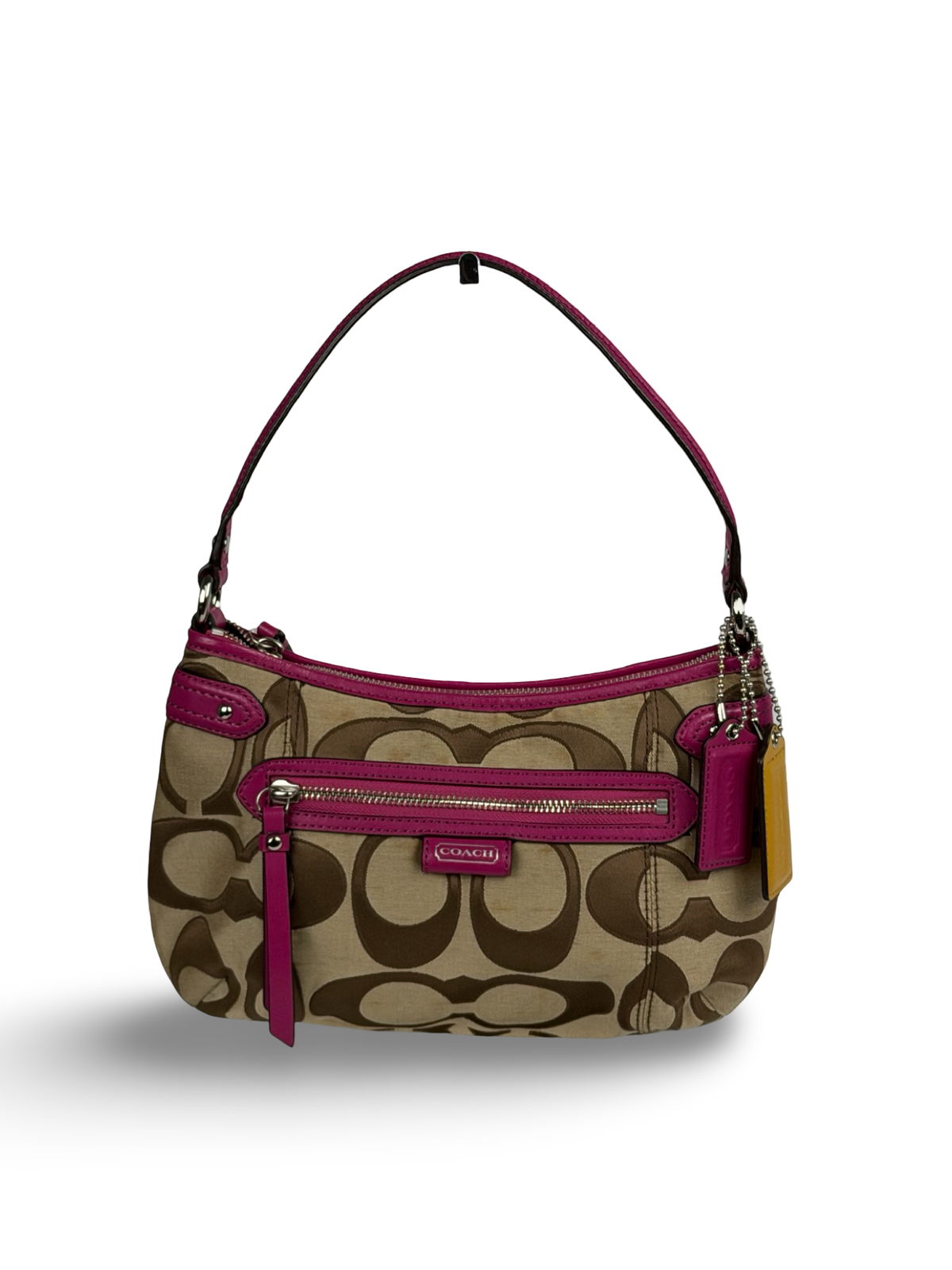Coach F24063 Signature Brown Monogram Shoulder Bag Pink Leather Trim
