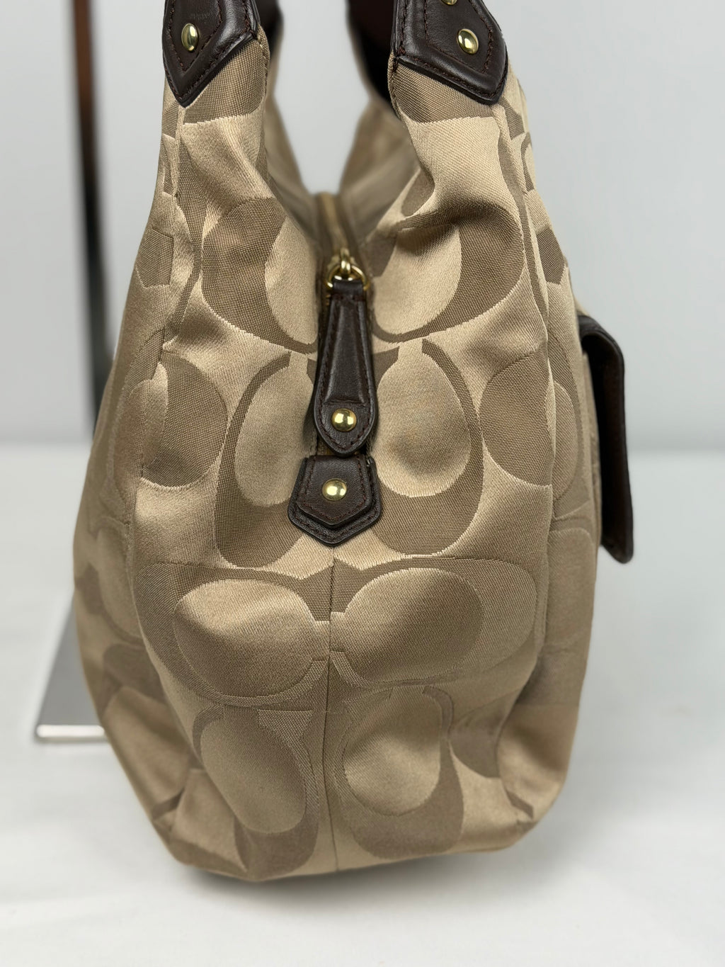 Coach F24742 Soho Beige Monogram Shoulder Bag Brown Leather Trim