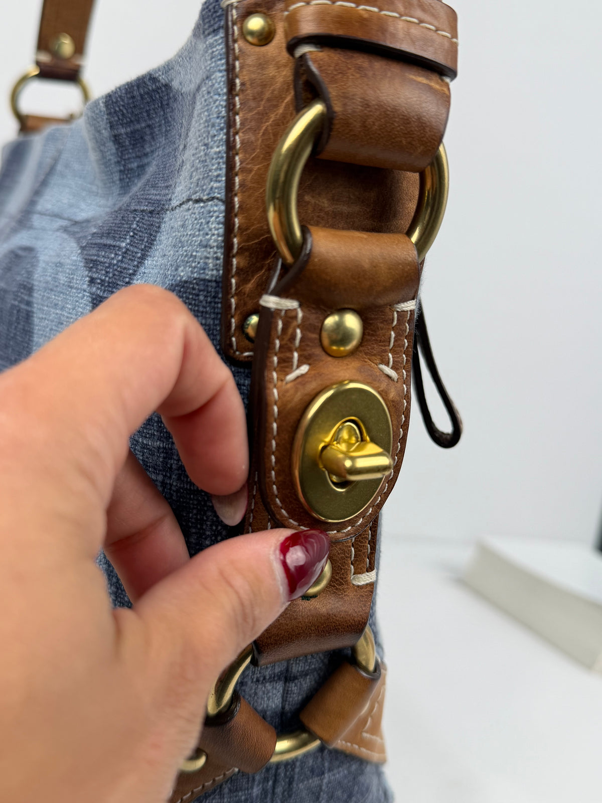 RARE Coach 10794 Carly Blue Denim Monogram Shoulder Bag Leather Trim