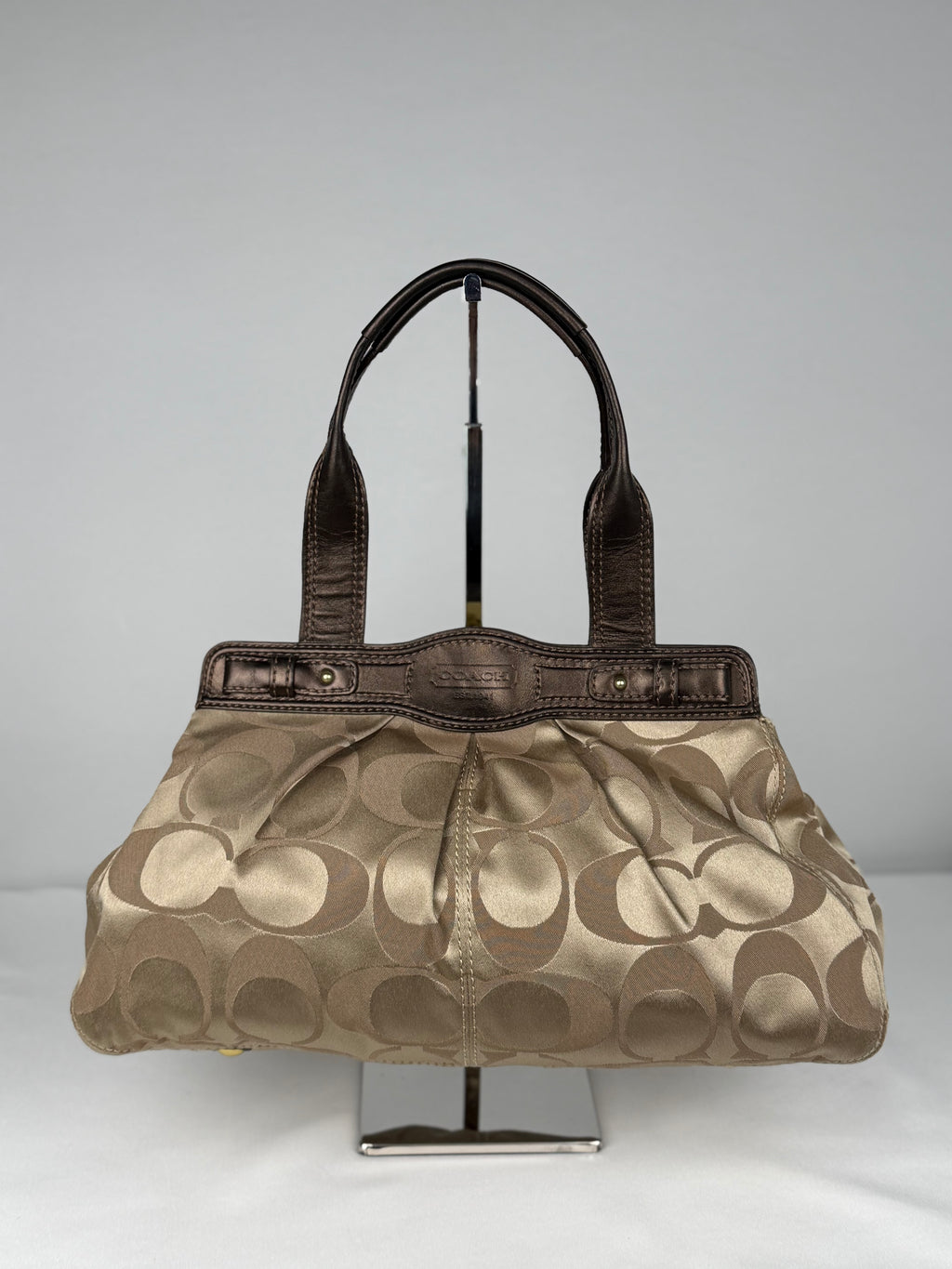 Coach F13906 Rare Turnlock Signature Beige Monogram Shoulder Bag Brown Leather Trim