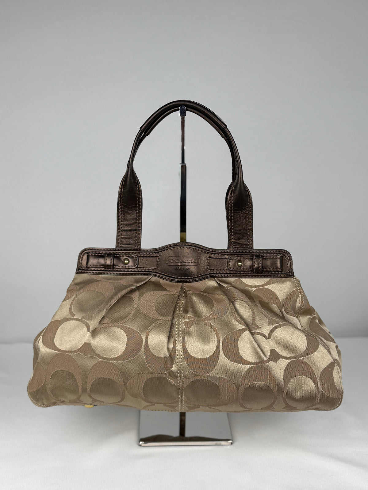 Coach F13906 Rare Turnlock Signature Beige Monogram Shoulder Bag Brown Leather Trim