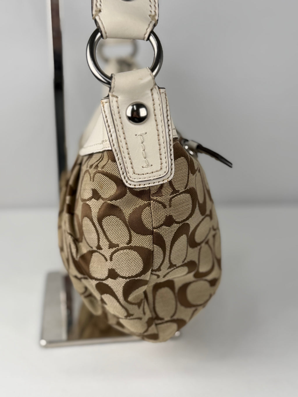 Coach F13740 Signature Brown Monogram White Leather Trim Hobo Shoulder Bag