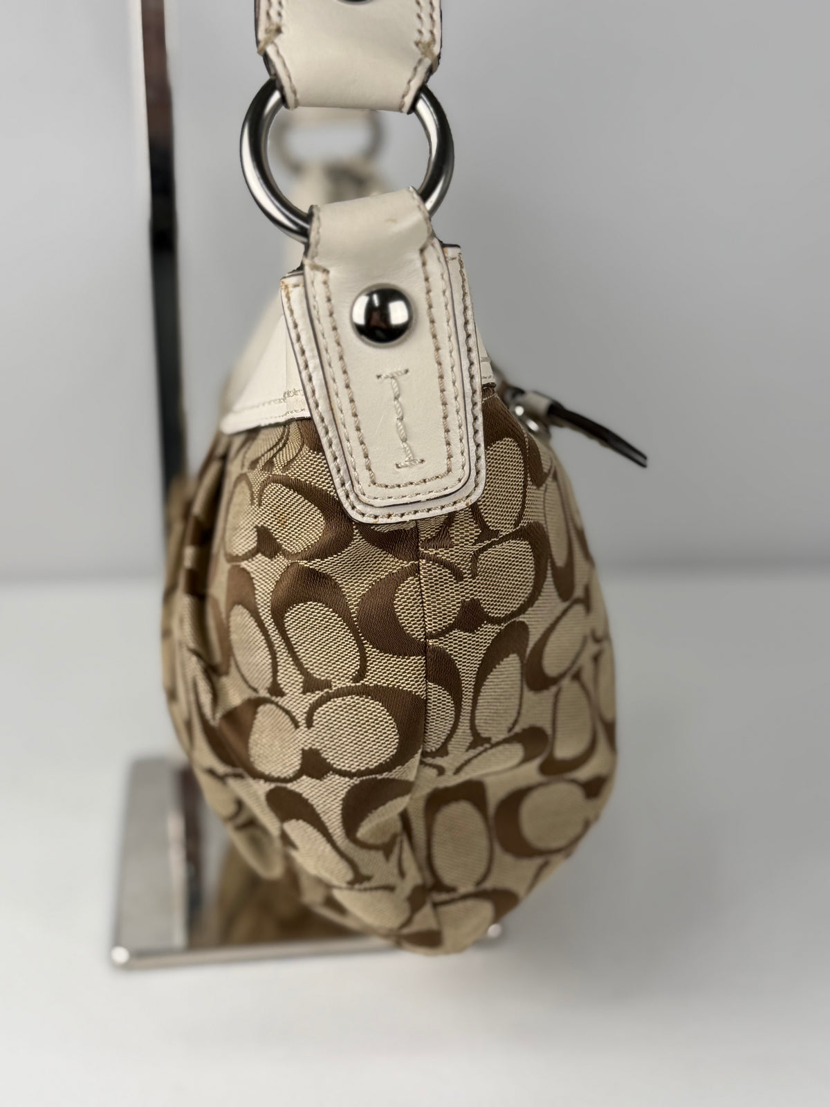 Coach F13740 Signature Brown Monogram White Leather Trim Hobo Shoulder Bag