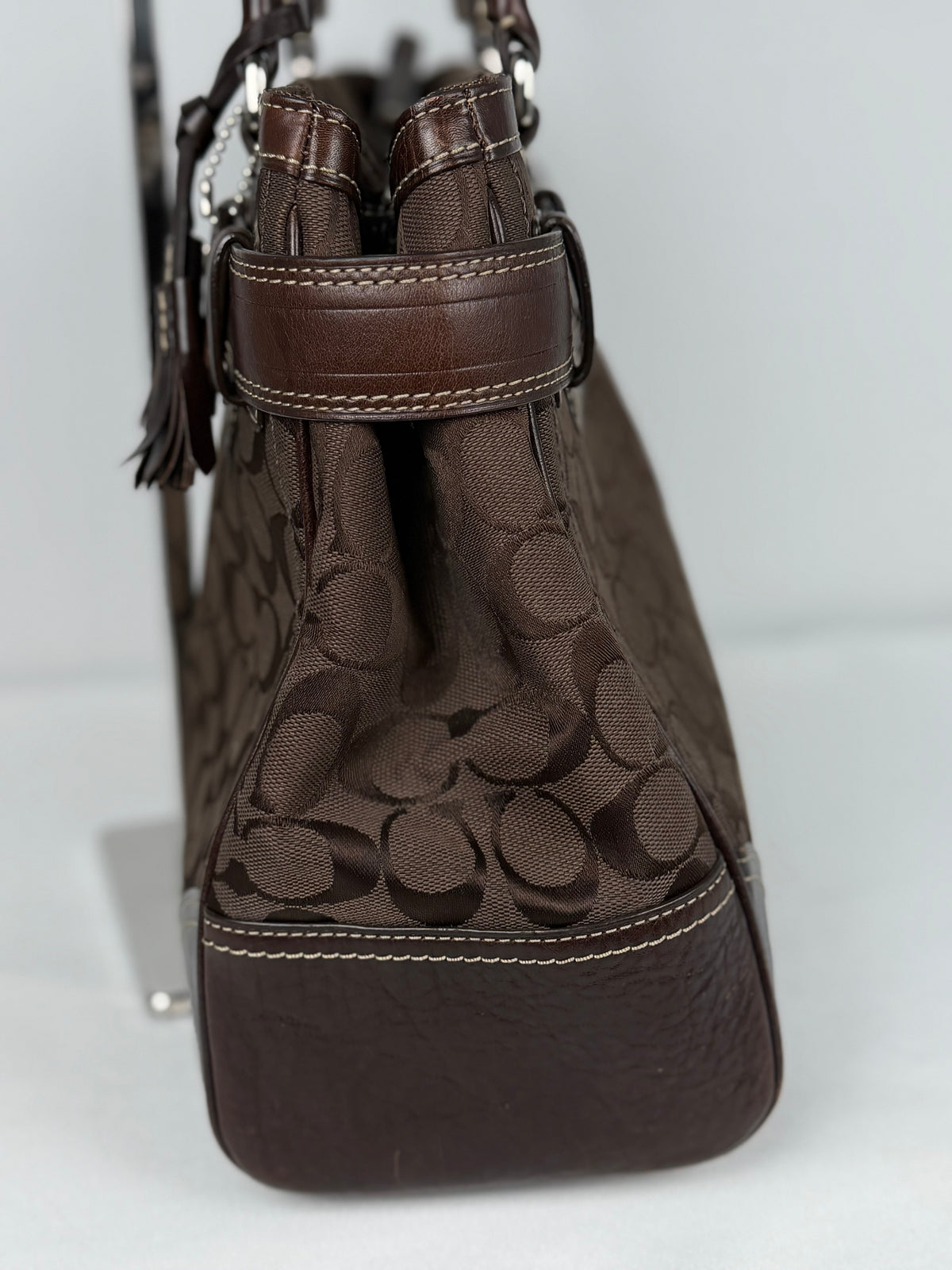 Coach 10246 Hampton Clip Signature Brown Monogram Shoulder Bag Leather Trim