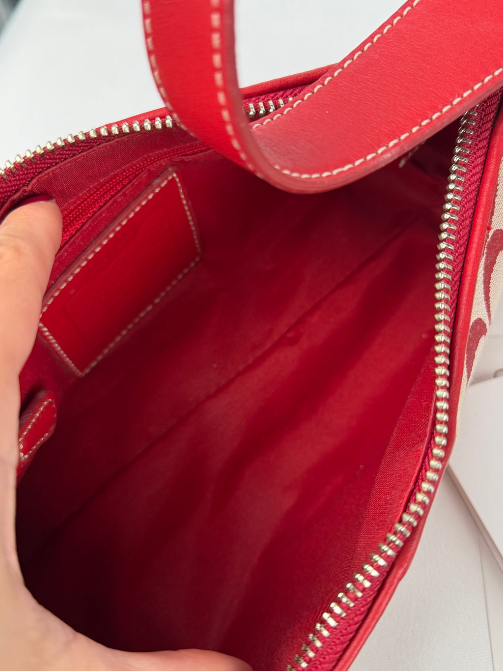 Rare Coach 6371 Signature Red Baguette Shoulder Bag Leather Trim