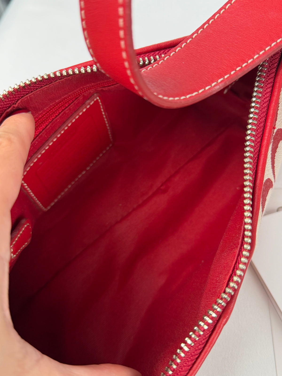 Rare Coach 6371 Signature Red Baguette Shoulder Bag Leather Trim