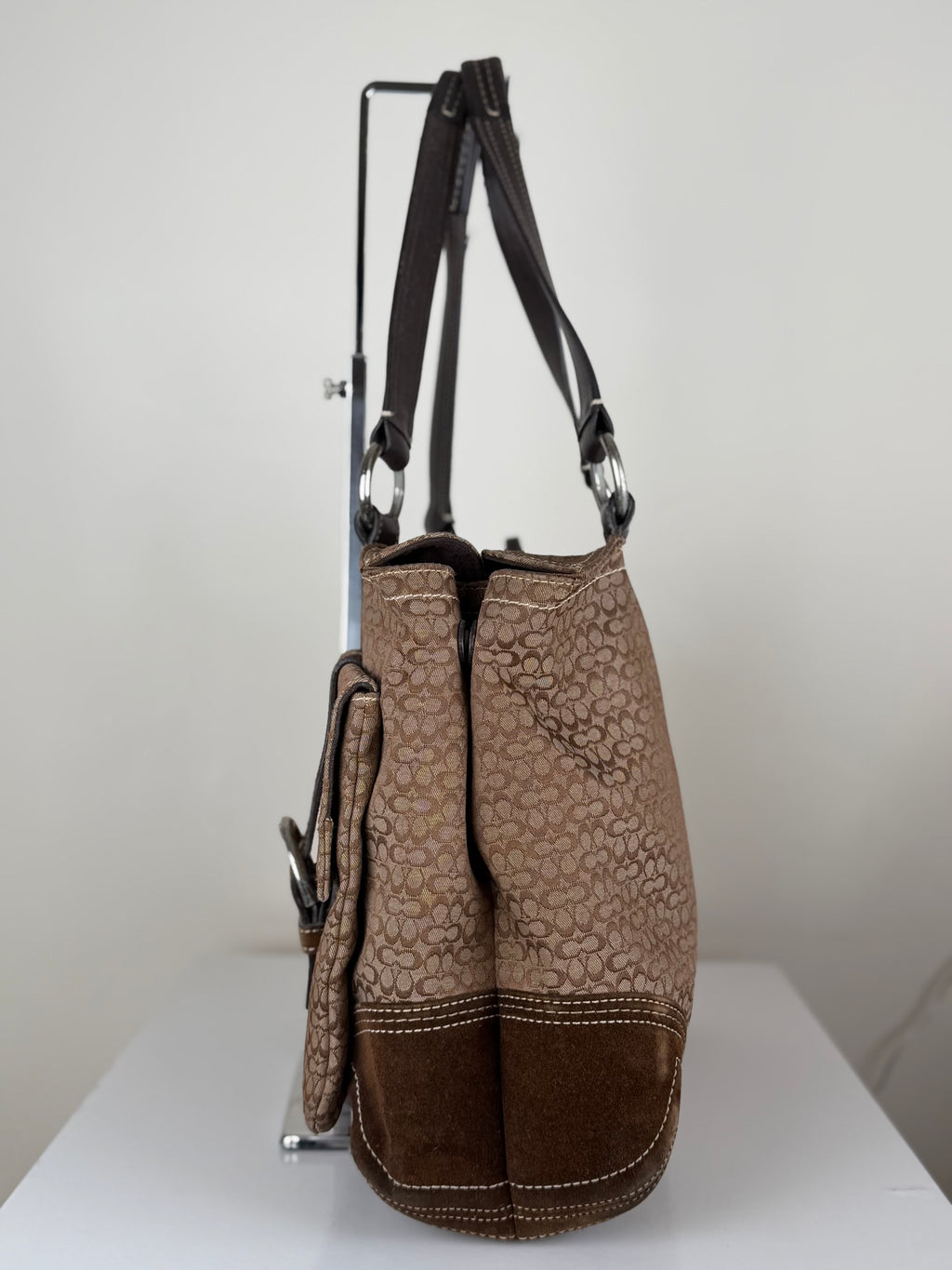 Coach 6427 Signature Brown Monogram Soho Shoulder Bag Suede Leather Trim