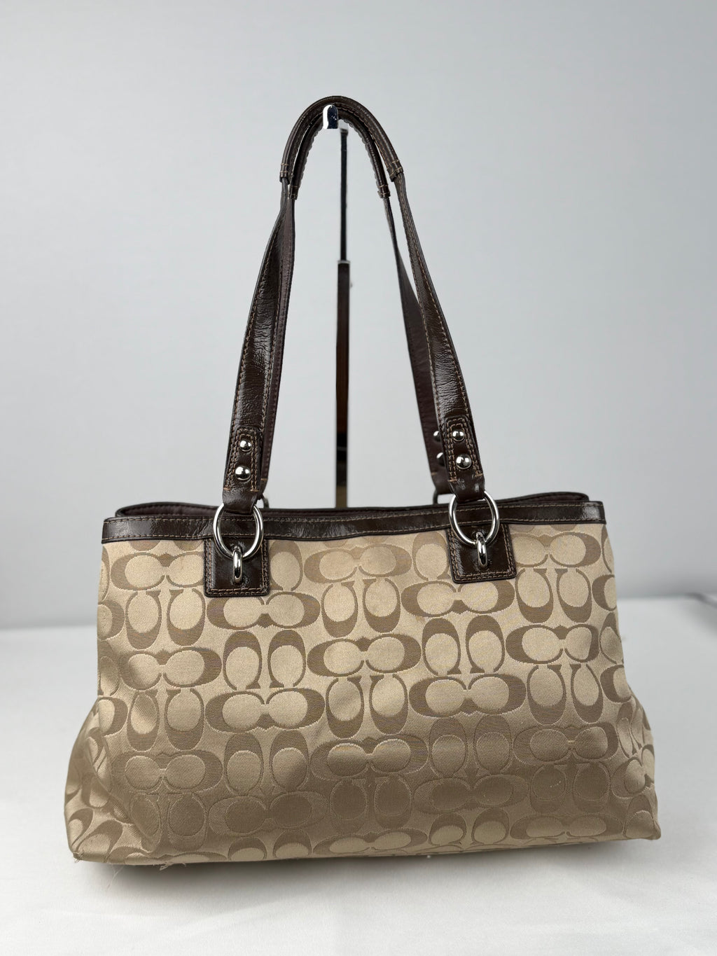 Coach F19043 Turnlock Signature Beige Monogram Shoulder Bag Brown Leather Trim
