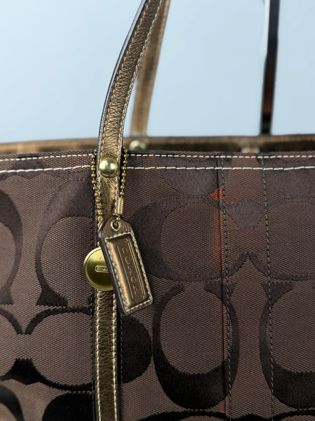 Coach F11099 Signature Chocolate Brown Monogram Shoulder Tote Bag Leather Trim