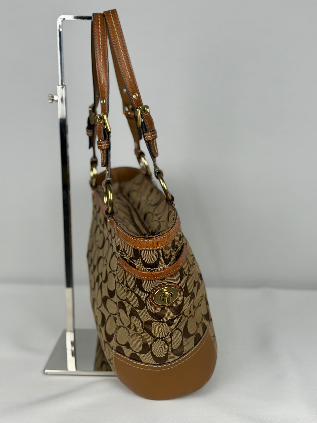 Coach 11237 Gallery Tote Signature Brown Monogram Shoulder Bag Leather Trim
