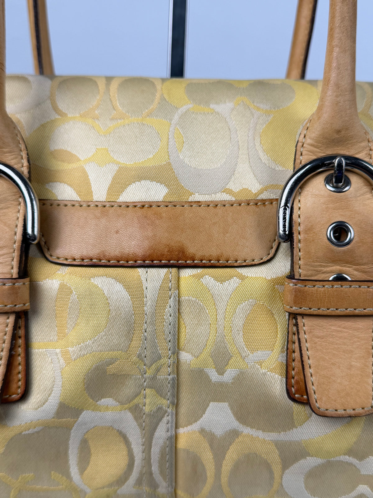 Coach 6722 Yellow Op Art Monogram Soho Shoulder Bag Tan Leather Trim