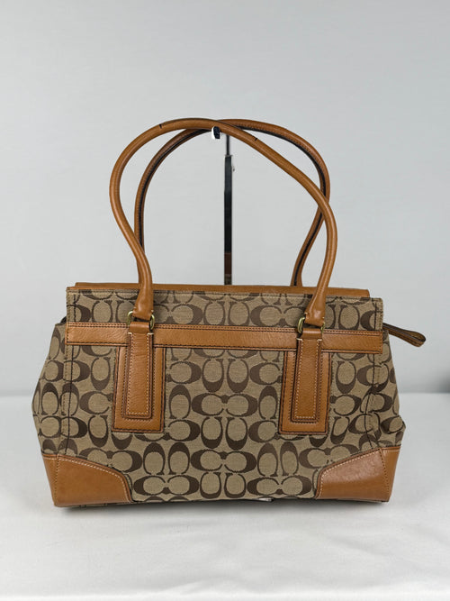 Coach 11063 Hampton Turnlock Signature Brown Monogram Shoulder Bag Leather Trim