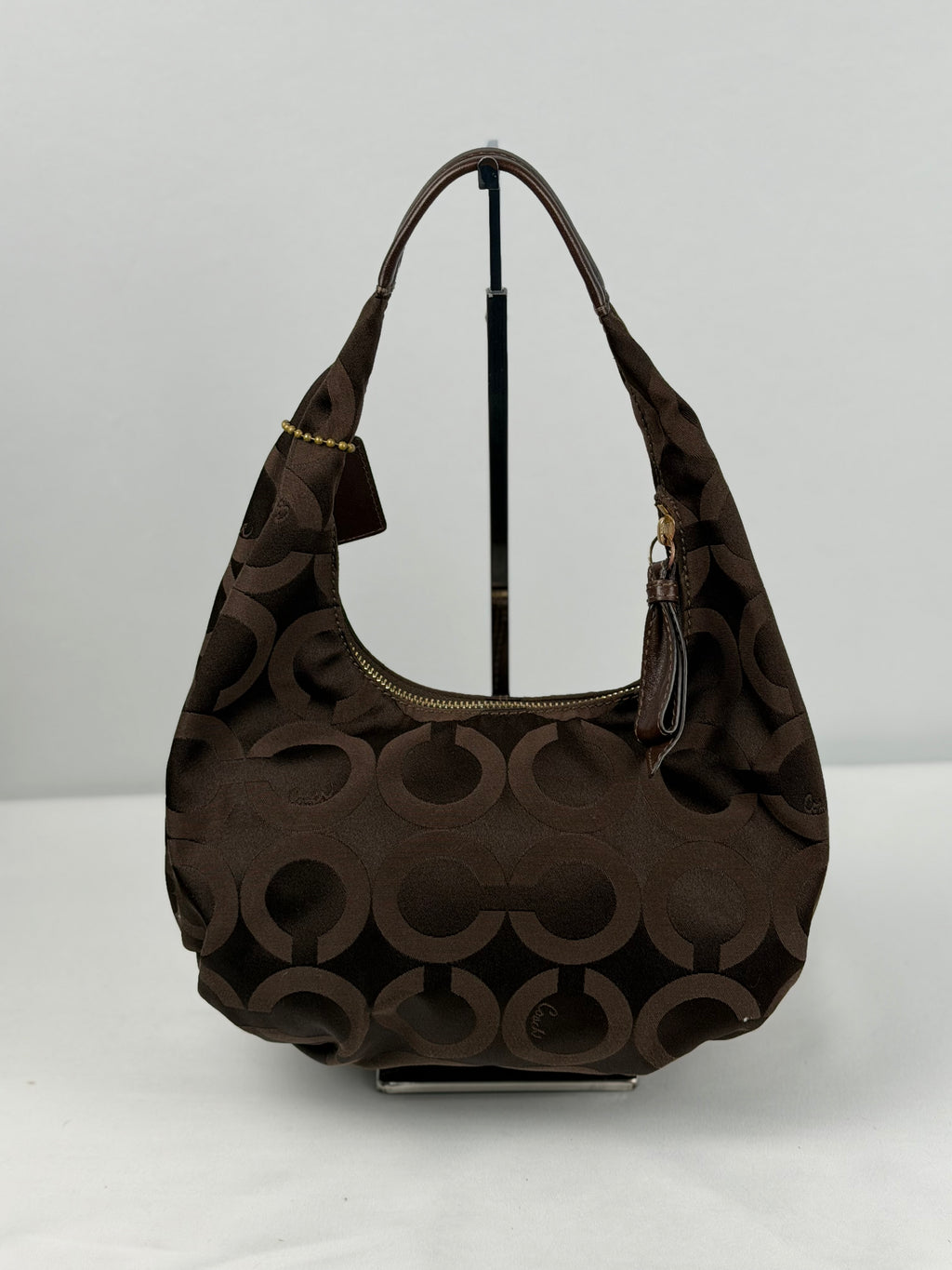 Coach 14061 Hobo Brown Op Art Shoulder Bag Leather Trim