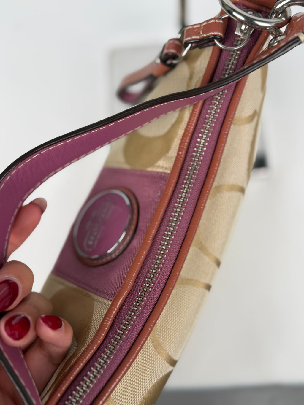 Coach F15111 Beige/Purple Monogram Shoulder Bag