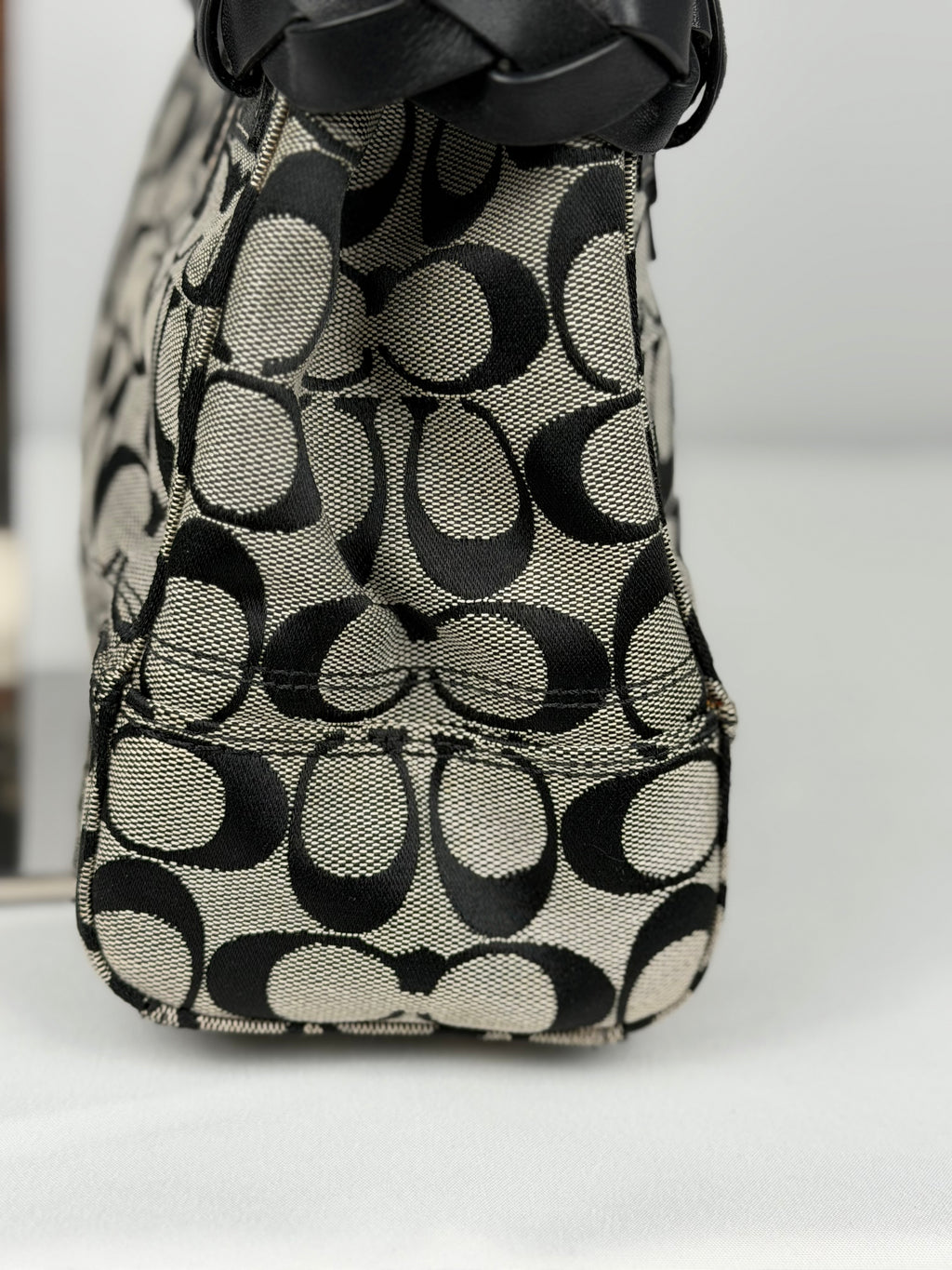 Coach F13065 Hampton Clip Signature Grey/Black Monogram Shoulder Bag Leather Trim