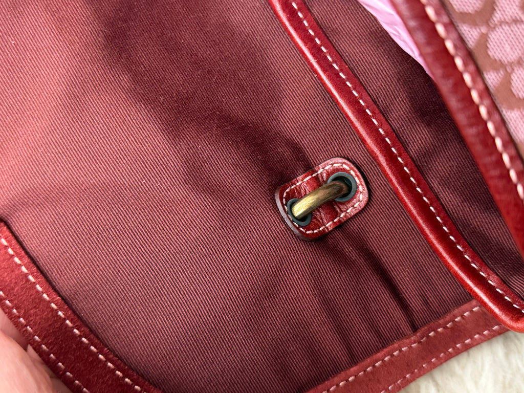 Coach 7078 Rare Soho Red Signature Monogram Hand Bag Leather Trim