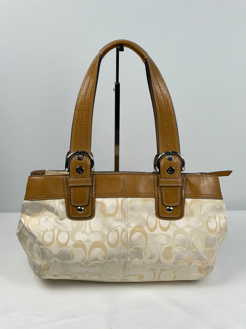Coach F14492 Signature Cream/Beige/White Monogram Shoulder Bag Brown Leather Trim